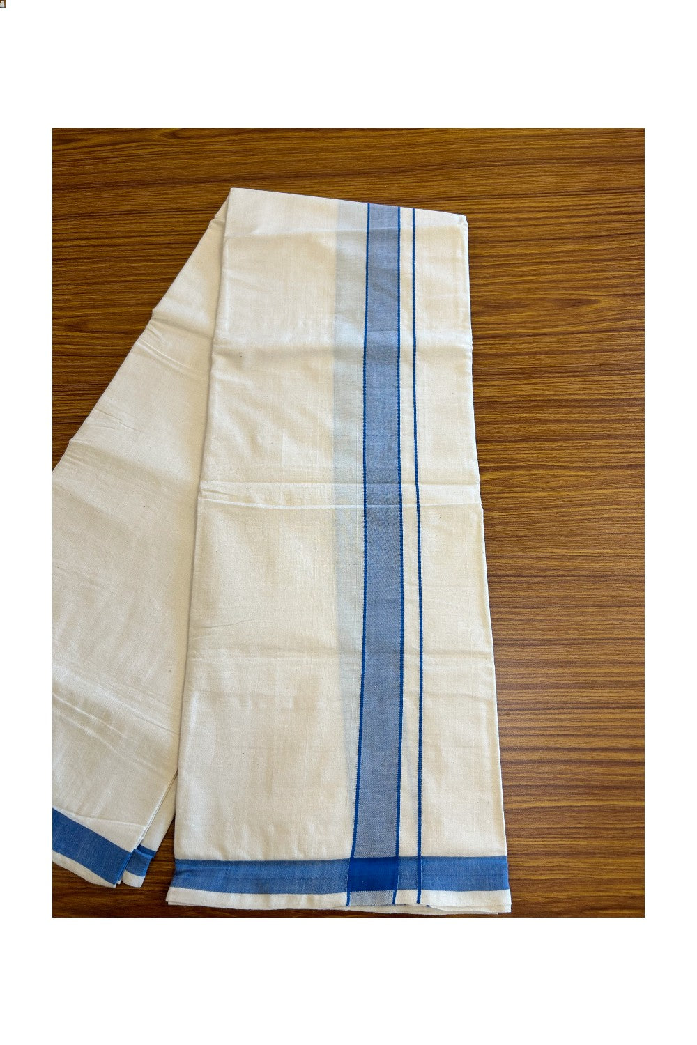 25% Discount!!! KaithariKada 100% Cotton Balaramapuram HANDLOOM off white (Unbleached) Single Mundu/Dhoti - 1.75 inch Blue Kara (2 meter / 4 muzham)  -5