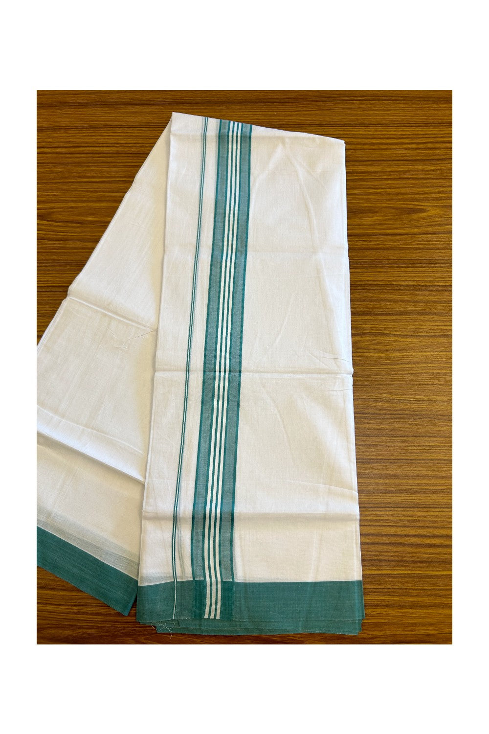 KaithariKada 100% Cotton PURE White  Double  Dhoti/Mundu 2.5 inch  Green  Border.-72.