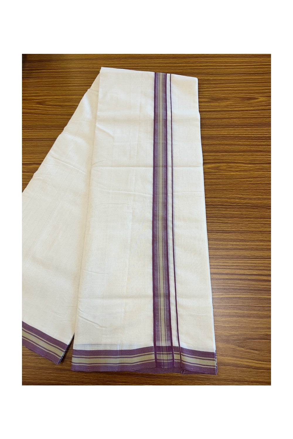 25% DISCOUNT!! KaithariKada HANDLOOM UNAKKUPAAV Balaramapuram - 100% PURE Cotton OFF White Double - (Unbleached) Mundu/Dothi - 1.5 inch Plum Violet & Sage Green Stripes Kara 3.82 meters - 15KK5049REA
