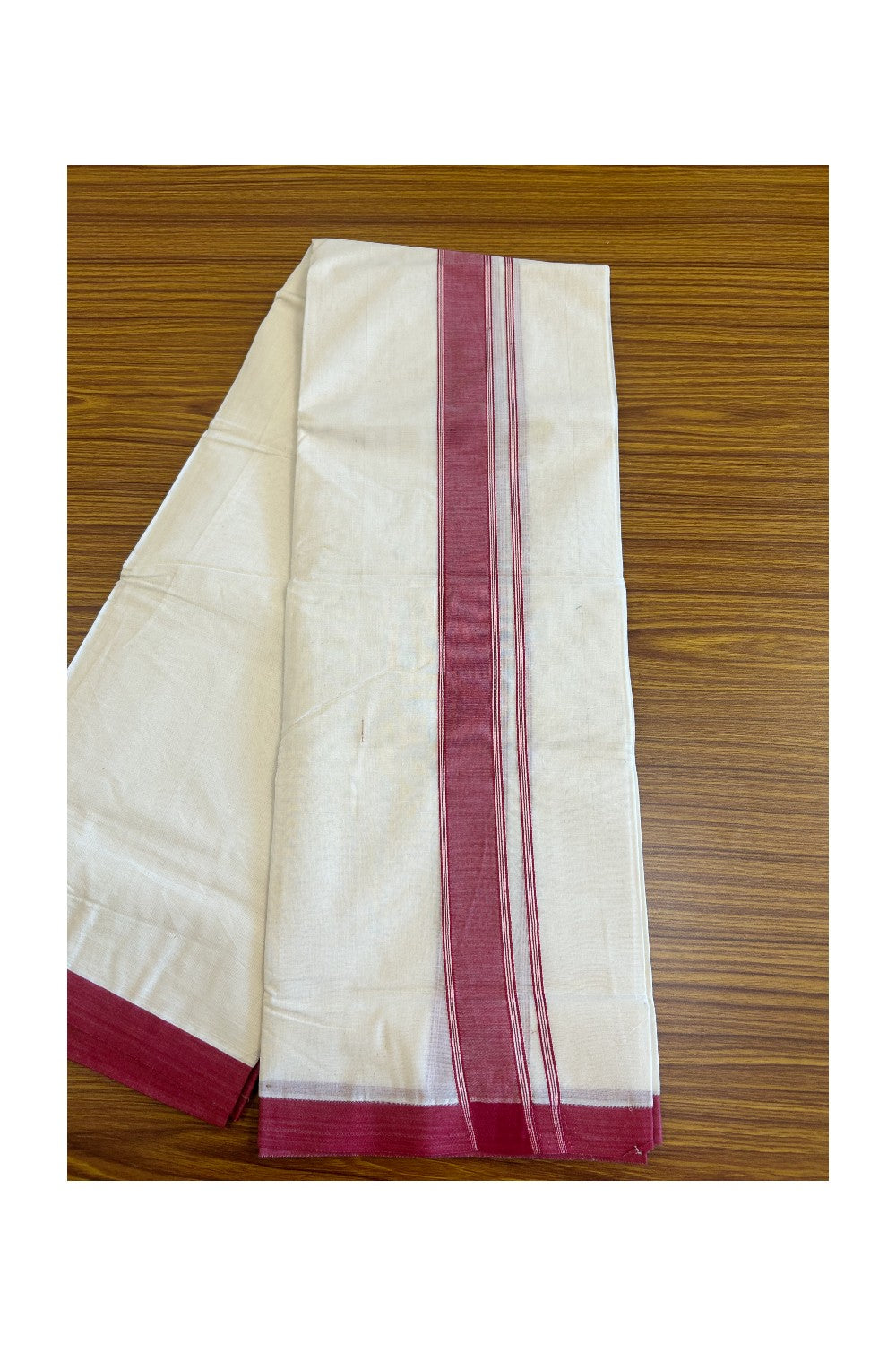 35% Discount KaithariKada Balaramapuram 100% Cotton Double Off white - (Unbleached) - Mundu/Dhoti- 100x80 - 2.25.inch Red Kara 3.75 mtr  (8 Muzham)-159