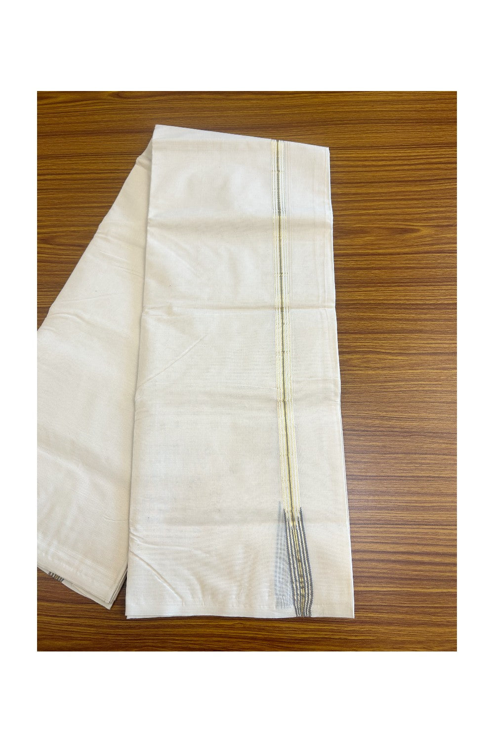 22% Discount! KaithariKada Balaramapuram 100% Cotton Double - (Unbleached) Mundu/Dhoti-100x100 Chutty ASH GREY White & Golden Kasavu 1.5 cm Kara- 1