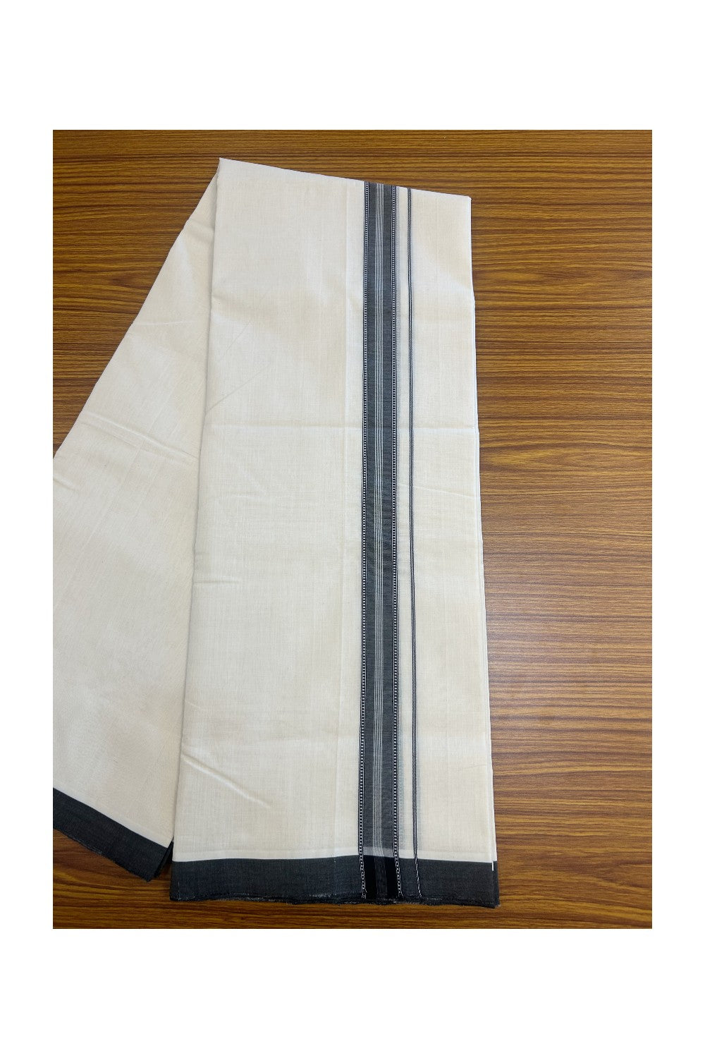 25% DISCOUNT!! KaithariKada HANDLOOM  UNAKKUPAAV Balaramapuram - 100% PURE Cotton OFF White - (Unbleached) Double Mundu/Dothi - 100x100 - 1.25 inch Black & White Pattern stripes kara - 19KK5167REA