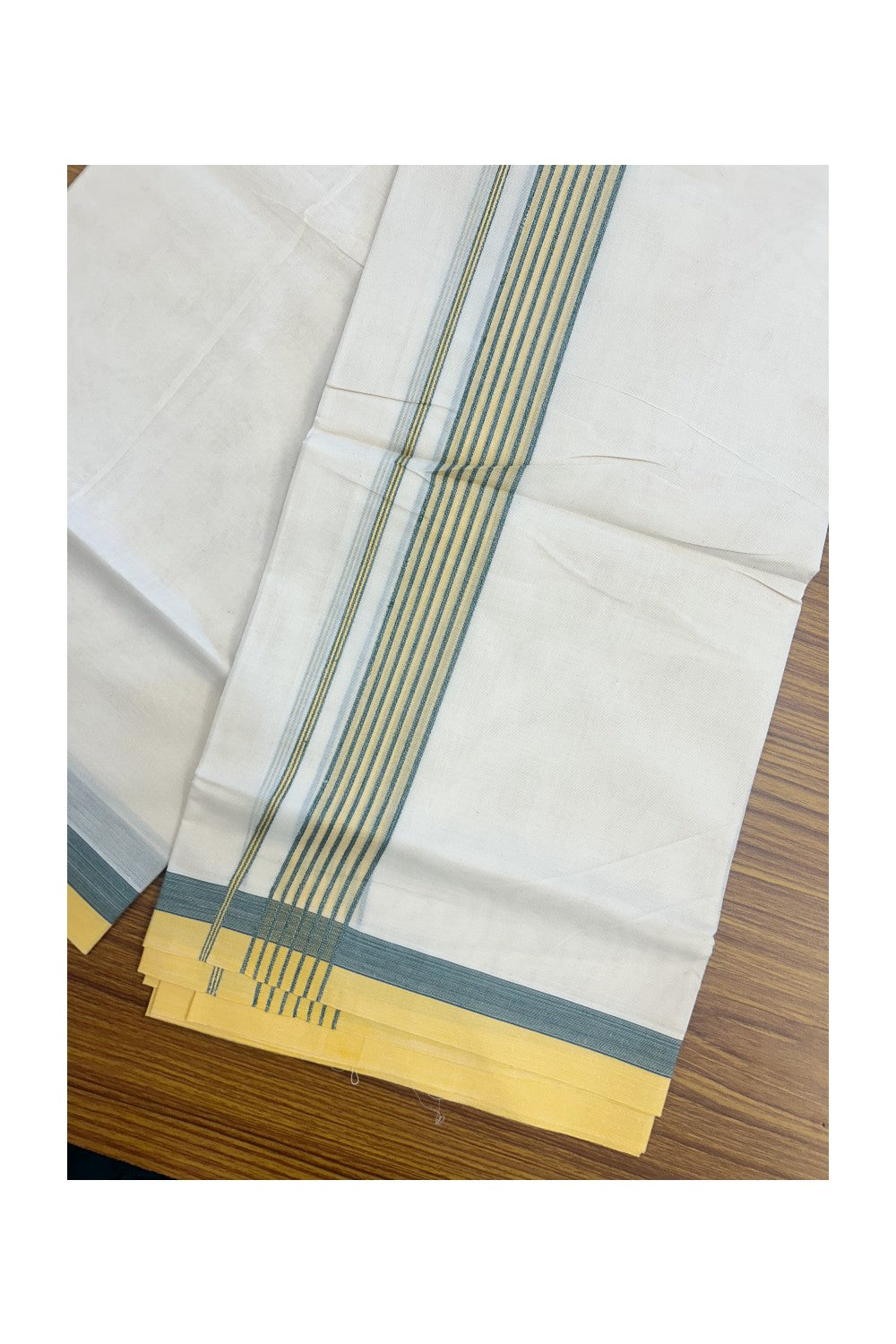 20% DISCOUNT ! KaithariKada Balaramapuram 100% Cotton Double off white (Unbleached) Mundu/Dhoti - 100X80 - 1.5 inch Yellow & Green Stripes kara - 16KK5172PMC
