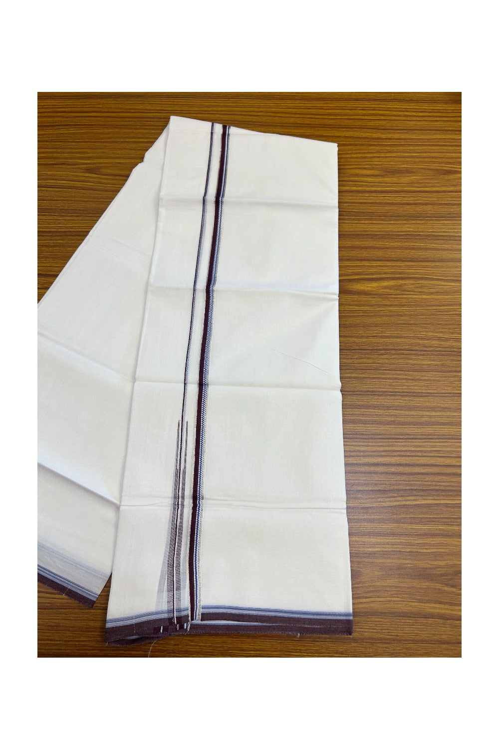 20% Discount !! Kaitharikada Balaramapuram 100% Cotton PURE WHITE DOUBLE Mundu/Dothi- 100X80 Thread - 0.5 inch - Silver Kasavu Purple & Blue Design Chutty Kara - 15KK5184RAMS
