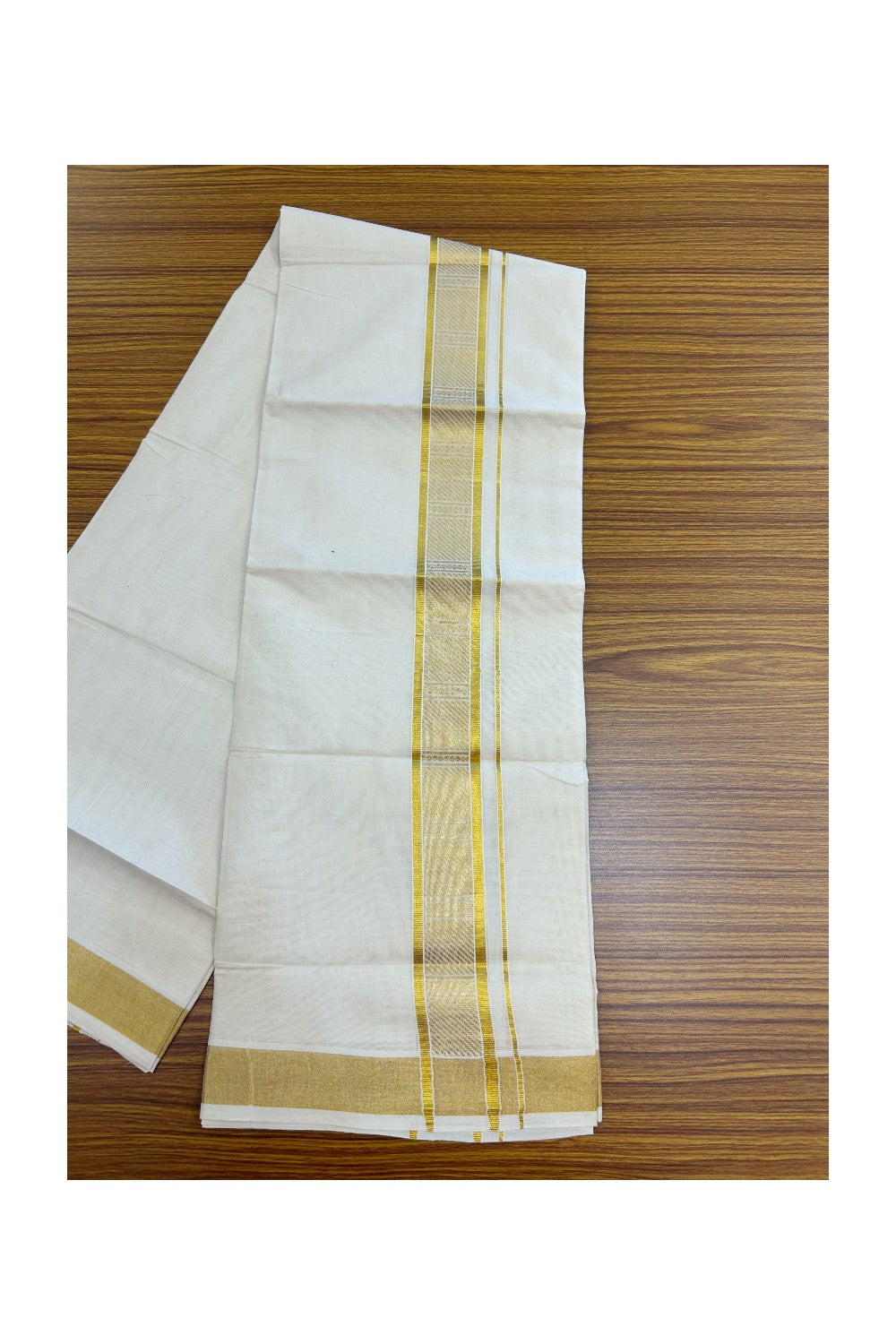 20% DISCOUNT! KaithariKada Balaramapuram 100% Pure Cotton off white - (Unbleached) Double Mundu/Dhoti - 100X80 - 1.75 inch Gold kasavu Jacquard Design kara - 15KK5186CKS