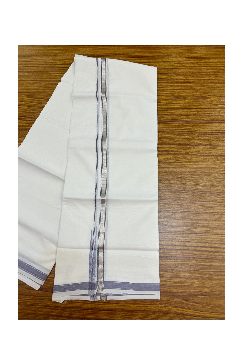 20% Discount !! Kaitharikada Balaramapuram 100% Cotton PURE WHITE Double Mundu/Dothi - 100x80 - 0.5 inch Silver Kasavu & Ash Blue Chutty Kara - 15KK5191CKS