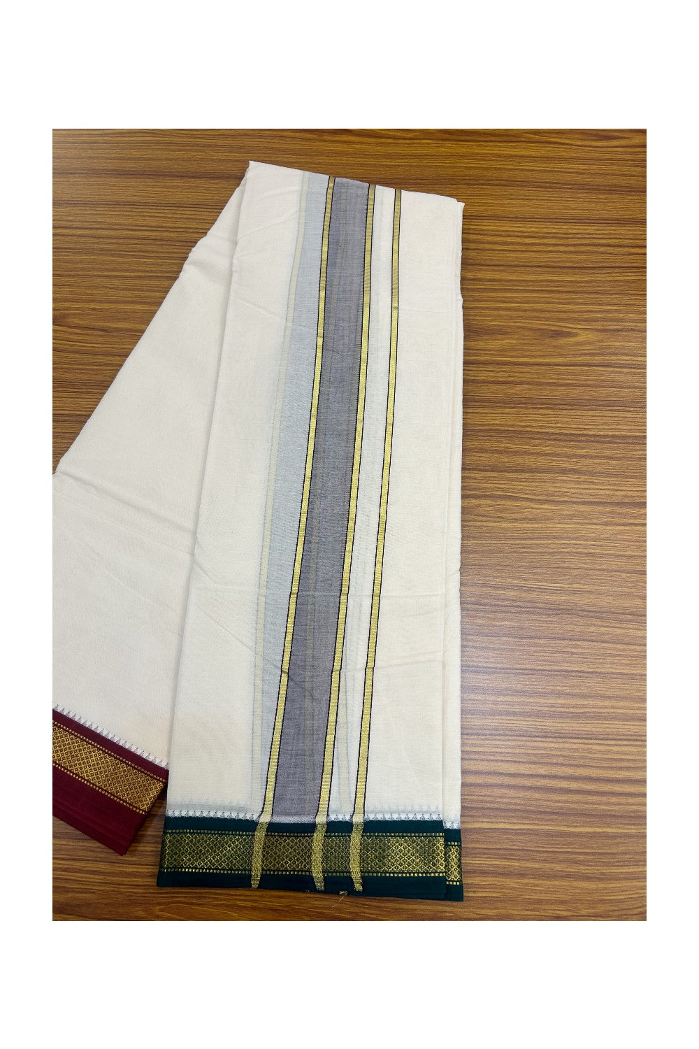 20% DISCOUNT! KaithariKada 100% Cotton Off White - (Unbleached) 100x100 thread - NORTH INDIAN- ATTACHED GAMCHA 10x6 Dhoti 2 inch Violet kara with Maroon & Dark Green Kasavu border - 15KK5196PMC