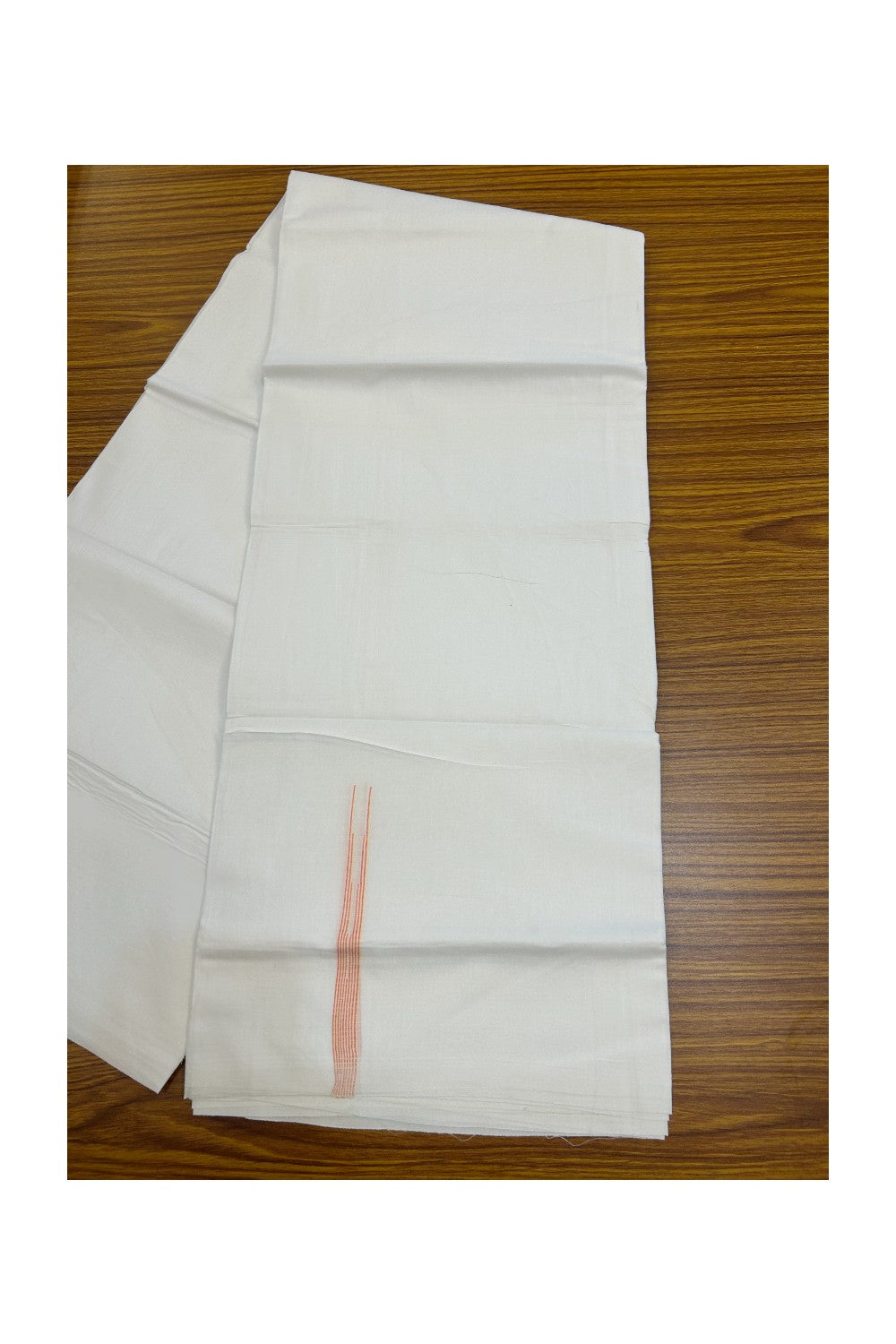 20% DISCOUNT!! NEW!! KaithariKada Balaramapuram 100% Cotton PURE WHITE Double Mundu/Dhoti - (100x80)s - 0.5 inch Pinkish Peach & Yellow Shaded Puliyilakkara chutty - 15KK5210CKS