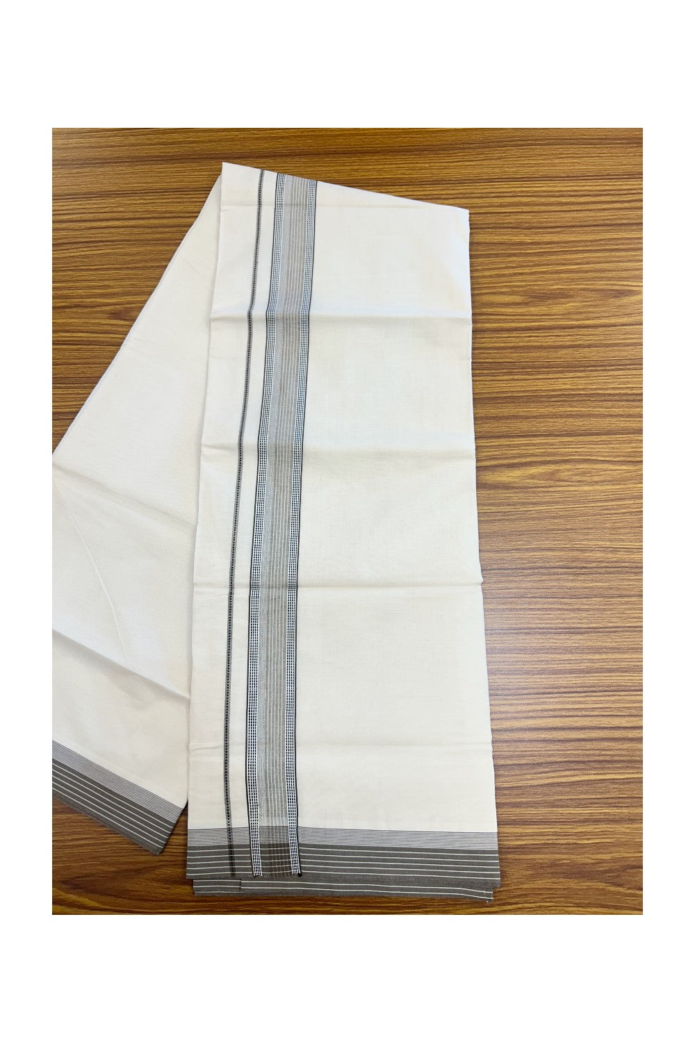 20% DISCOUNT ! KaithariKada Balaramapuram 100%  Cotton OFF WHITE (Unbleached) Double  Mundu/Dhoti - 100X80 - 1.5 inch Brown & Black Stripes & Shaded Designer Kara - 15KK5213 VIN