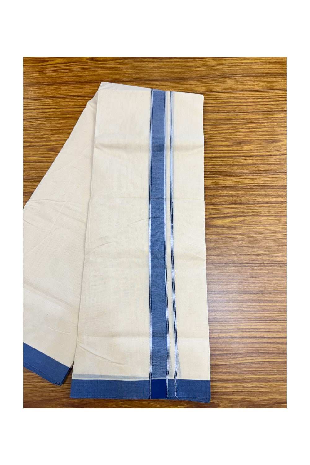 NEW !! 20% DISCOUNT!! KaithariKada Balaramapuram 100% Cotton Double Off white - (Unbleached) Mundu/Dhoti-100x80 - 1.25 inch Blue Shaded Striped KARA - 3.75 mtr (8 Muzham) - 15KK5218 ASH