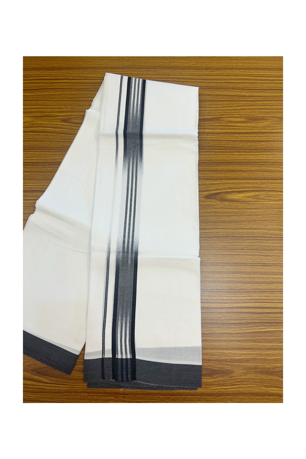 20% Discount!!! KaithariKada Balaramapuram  Double PURE WHITE RAINBOW  Mundu/Dhoti - 100X80 - 1.25 inch Black Striped Designer Kara - 15KK5220 THI
