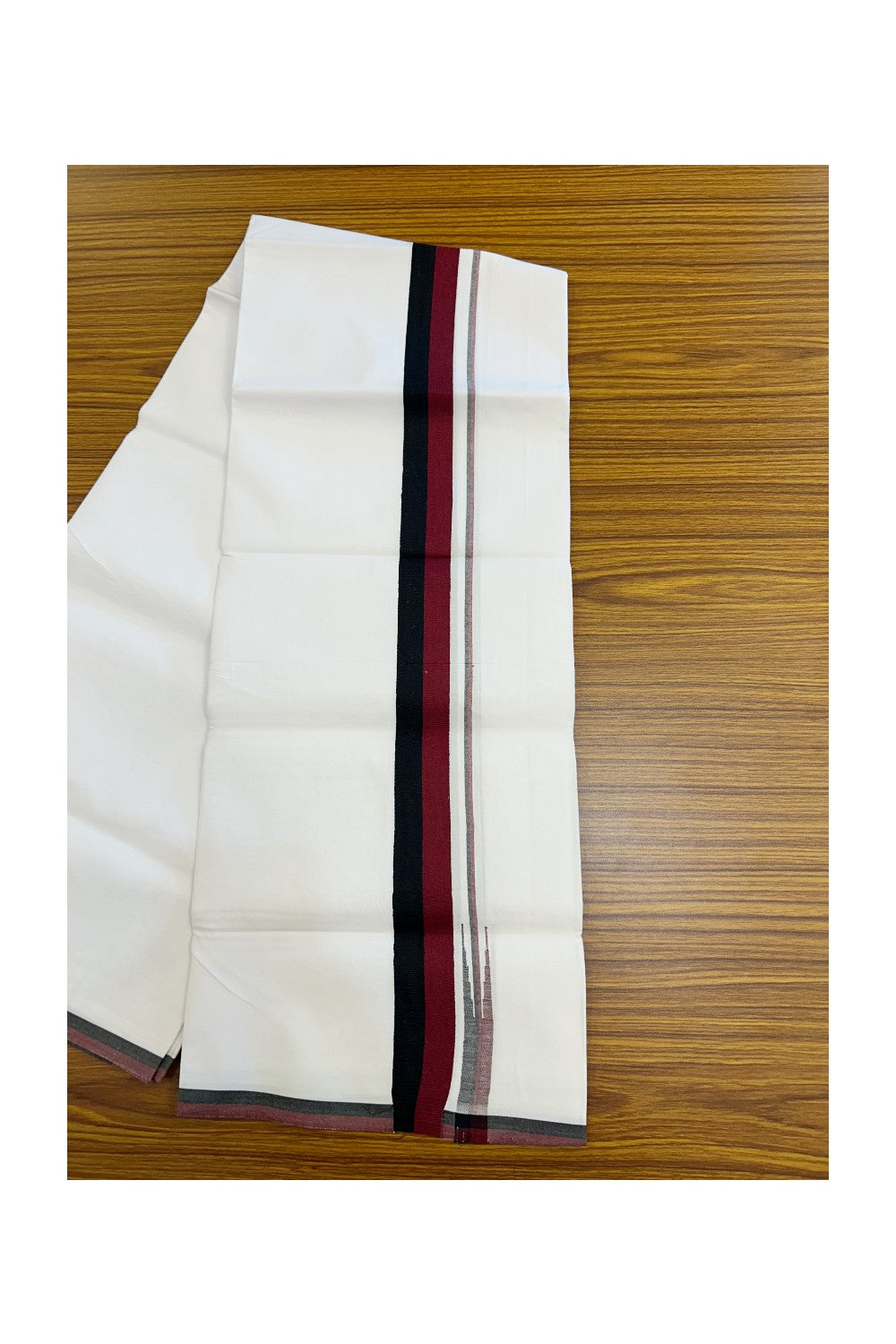 DMK Veshti - 20% Discount !! KaithariKada Balaramapuram PURE WHITE SINGLE Mundu/Dhoti - 100X100 - Puliyilakkara 1.5 inch Maroon & Black Stripes Chutty Kara (2 meter / 4 muzham) - 14KK5224 ASH