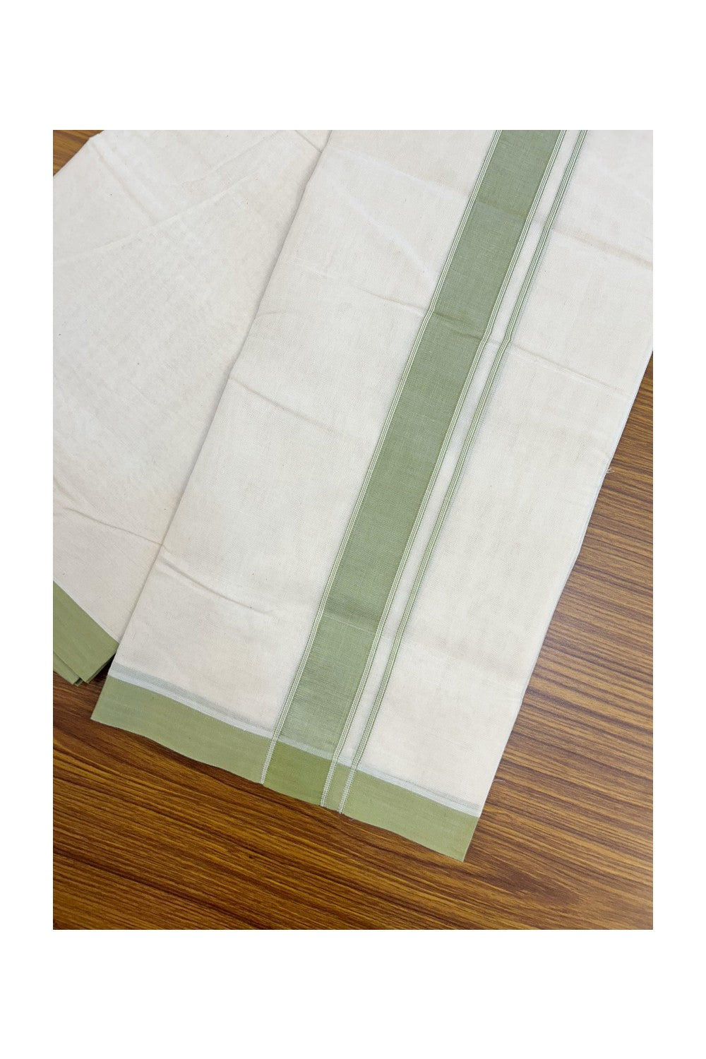 NEW !! 20% DISCOUNT!! KaithariKada Balaramapuram 100% Cotton Double Off white - (Unbleached) Mundu/Dhoti-100x80 - 1.5 inch Sage Green Striped KARA - 3.75 mtr (8 Muzham) - 15KK5226 ASH