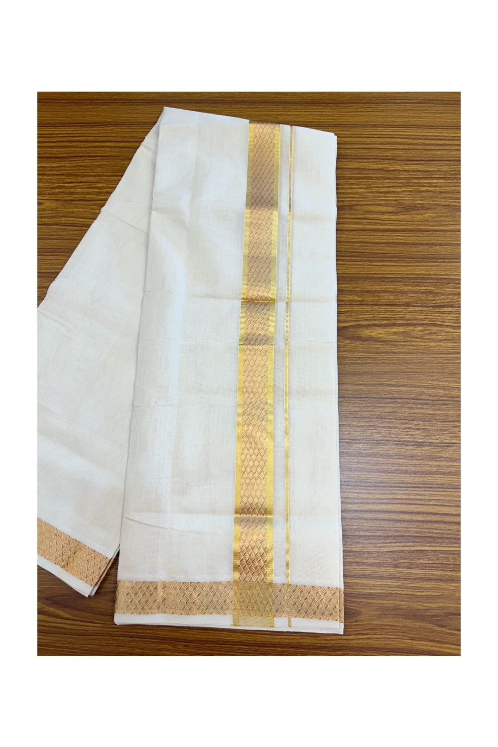 25% DISCOUNT ! KaithariKada HANDLOOM Unakkupaav Balaramapuram - 100% PURE Cotton OFF WHITE - (Unbleached) Double Mundu/Dhoti - 80x90 - 1.75 inch Gold Kasavu & Copper Jacquard Design Kara 4 mtr (8.5 Muzham) - 14KK5231 ABH