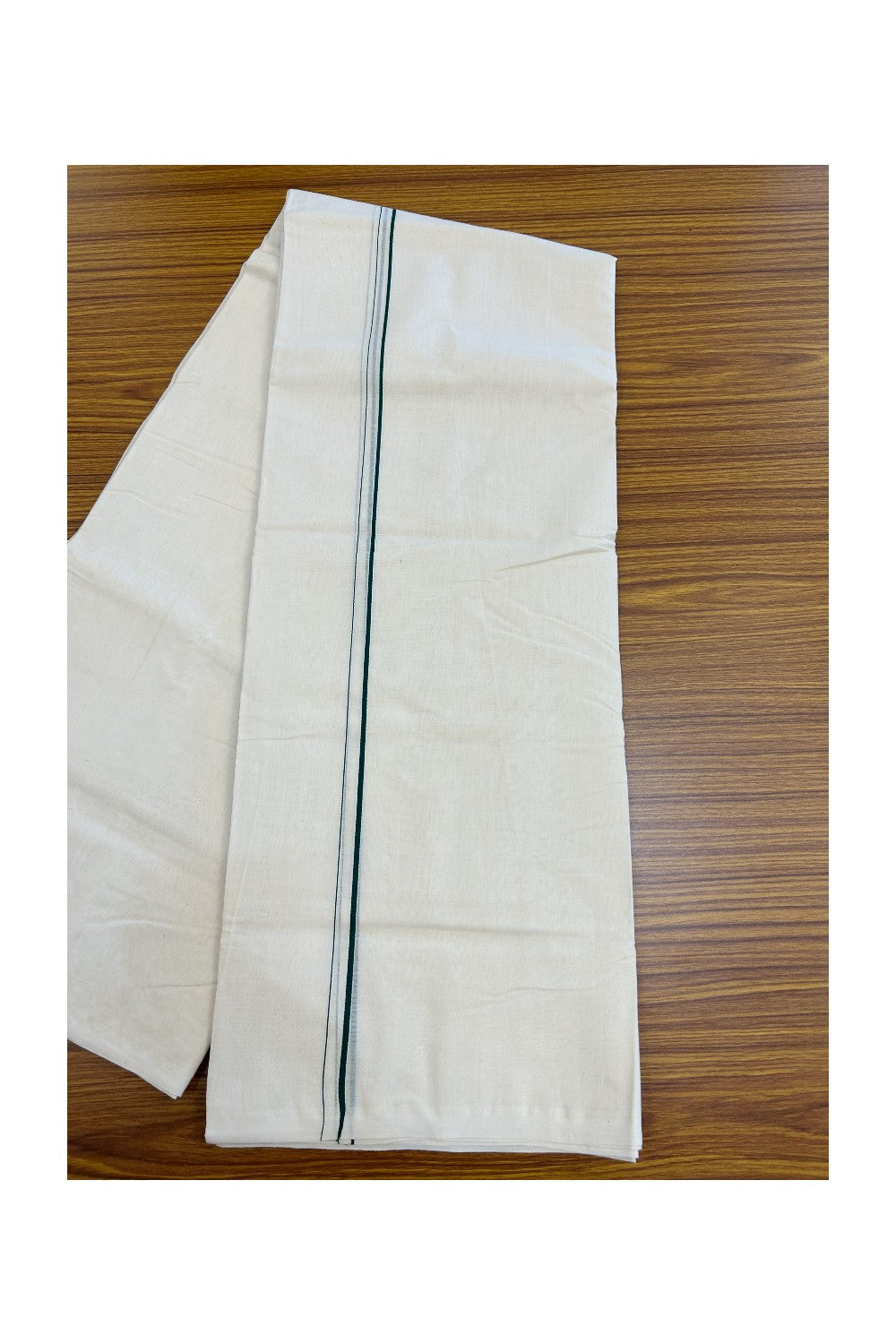 25% DISCOUNT! KaithariKada HANDLOOM Millpaav Balaramapuram - 100% PURE Cotton OFF WHITE (Unbleached) Double Mundu/Dhoti - 80X90 - 0.5 cm Dark Green Kara 4 mtr (8.5 muzham) - 15KK5234 RAM