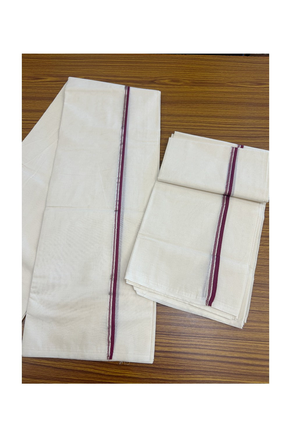 20% Discount!! KaithariKada Balaramapuram - 100% PURE Cotton Off White  (Unbleached) Mundu/Dhoti & Neriyath set - 1.5 cm Silver Kasavu & Dark Magenta Design Kara - 16KK5238 ASH