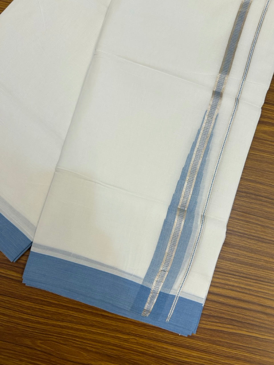 22% Discount ! NEW! KaithariKada Balaramapuram 100% Cotton Pure white Double Mundu/Dhoti - (100x80)s - Heavy Chutty Sky Blue Silver Kasav - 15 KK5252 CKS