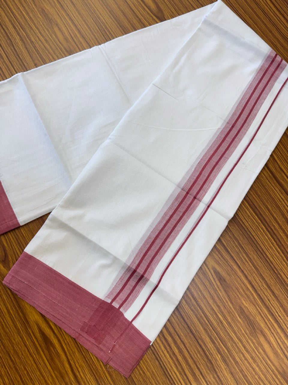 Short Dhoti Special - 28% Discount ! KaithariKada 100% Cotton Pure White Double Mundu / Dhoti - 100x80 - 45 inch Height 3.80 m Length  1.5 inch Maroon Magenta Mix kara - 15 KK5258 THI