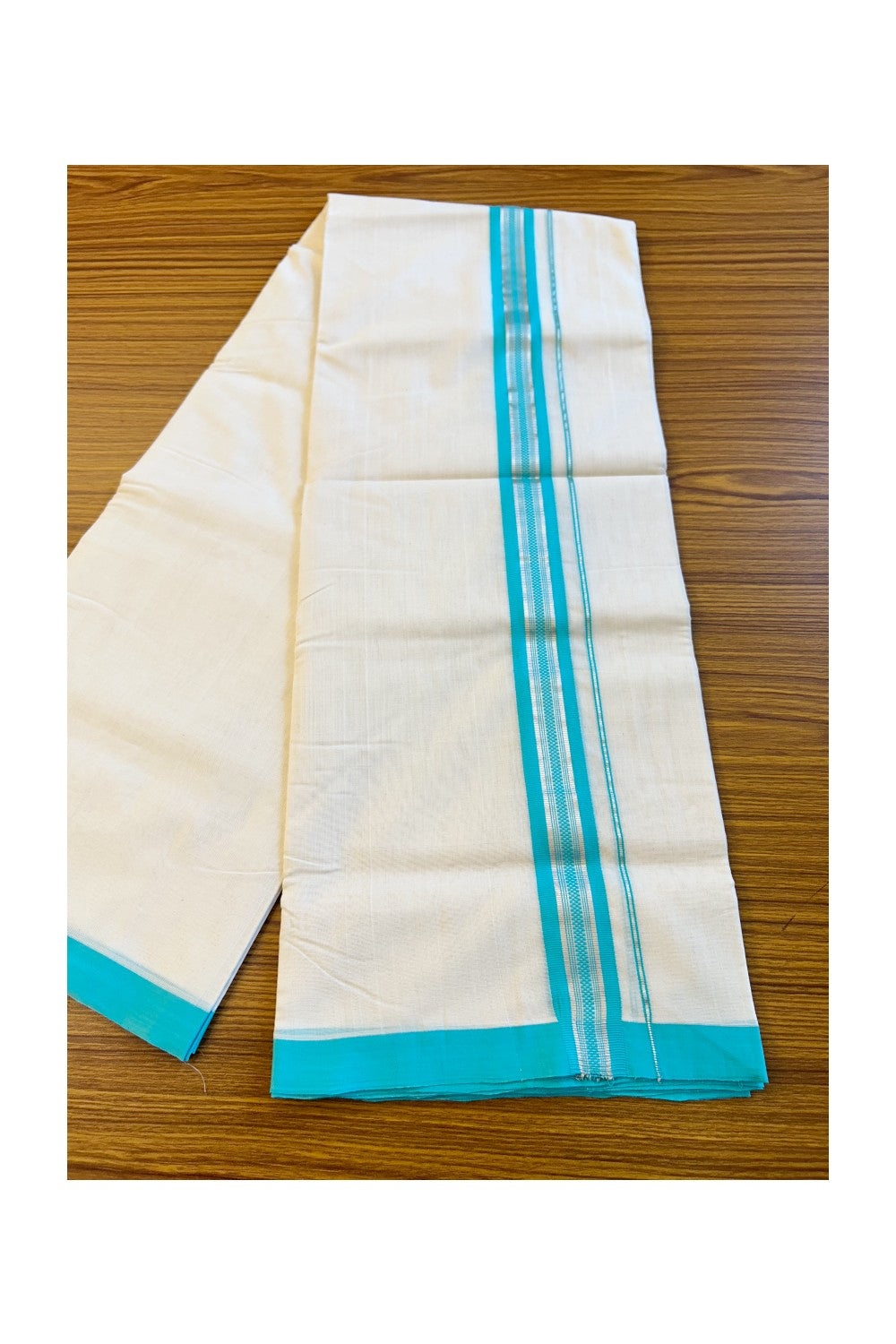 25% DISCOUNT! KaithariKada BALARAMAPURAM HANDLOOM UNAKKUPAAV - 100% PURE Cotton Off white (Unbleached) Double Mundu/Dhoti -  Silver stripes Turquoise blue kara - 15KK72RAM