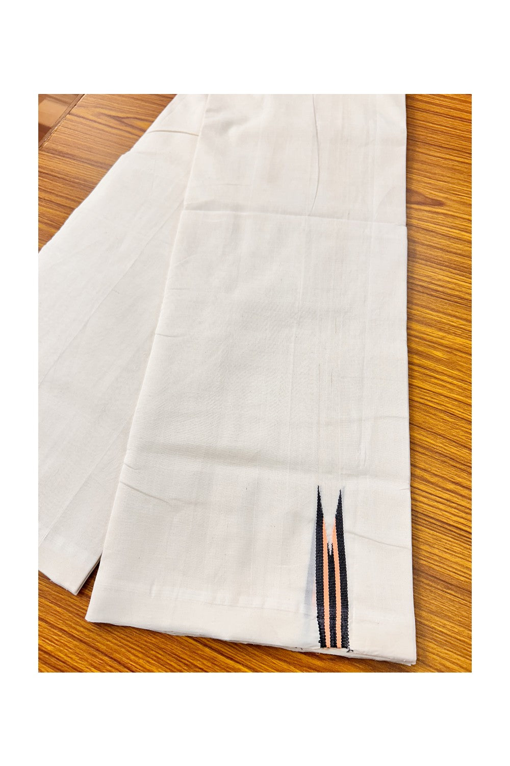 30% DISCOUNT! KaithariKada BALARAMAPURAM HANDLOOM Unakkupaav- 100% PURE Cotton 100x100 Double Mundu/Dhoti OFF WHITE (Unbleached) - PULIYILAKKARA Black+Peach 0.75 inch Chutty KARA-15RAM