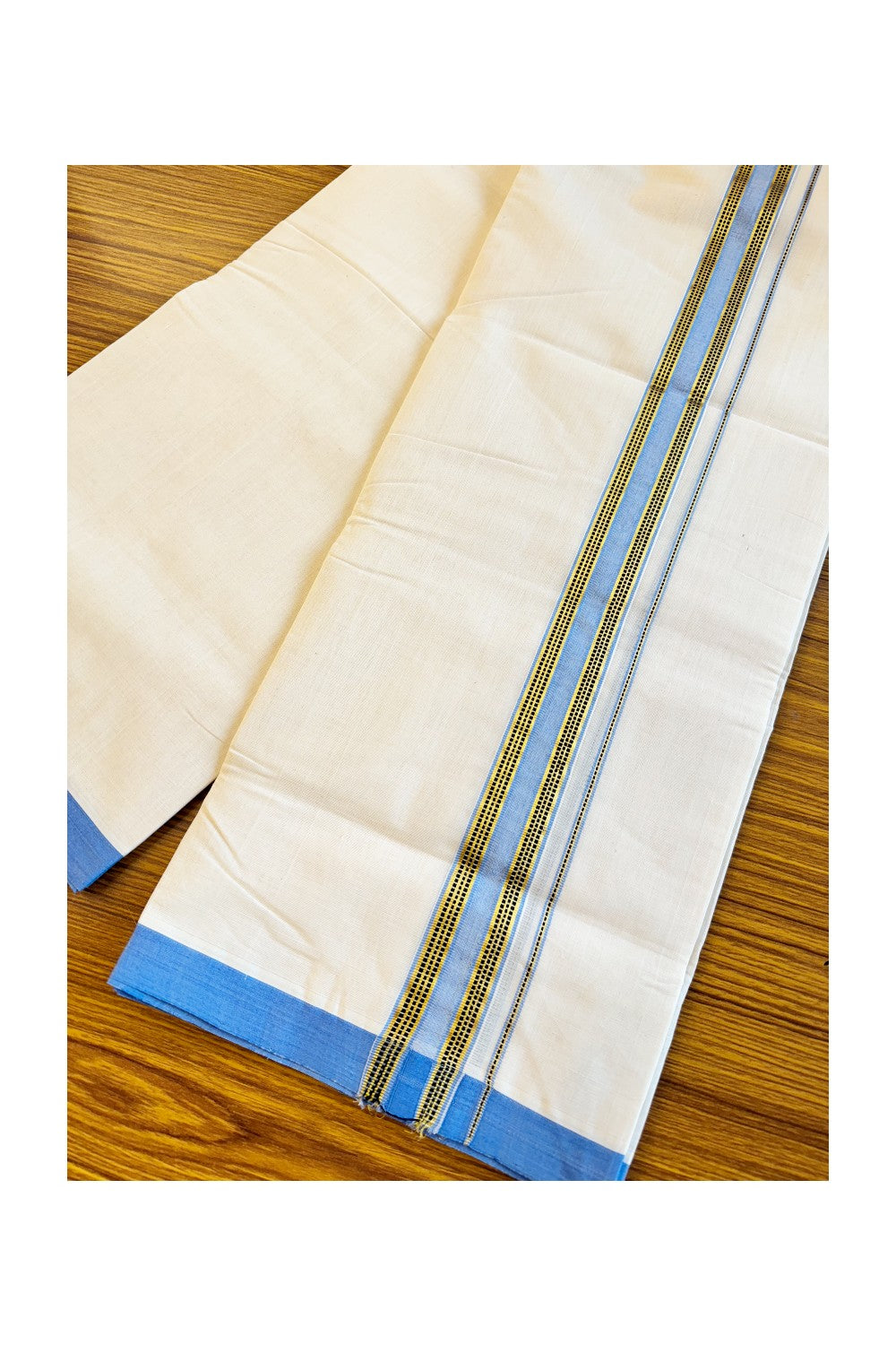 25% DISCOUNT!! KaithariKada HANDLOOM Unakkupaavu Balaramapuram - 100% PURE Cotton OFF White (Unbleached) Double Mundu/Dothi - BLUE + KASAVU  Striped 1 inch Kara - KK46SOM - 15.