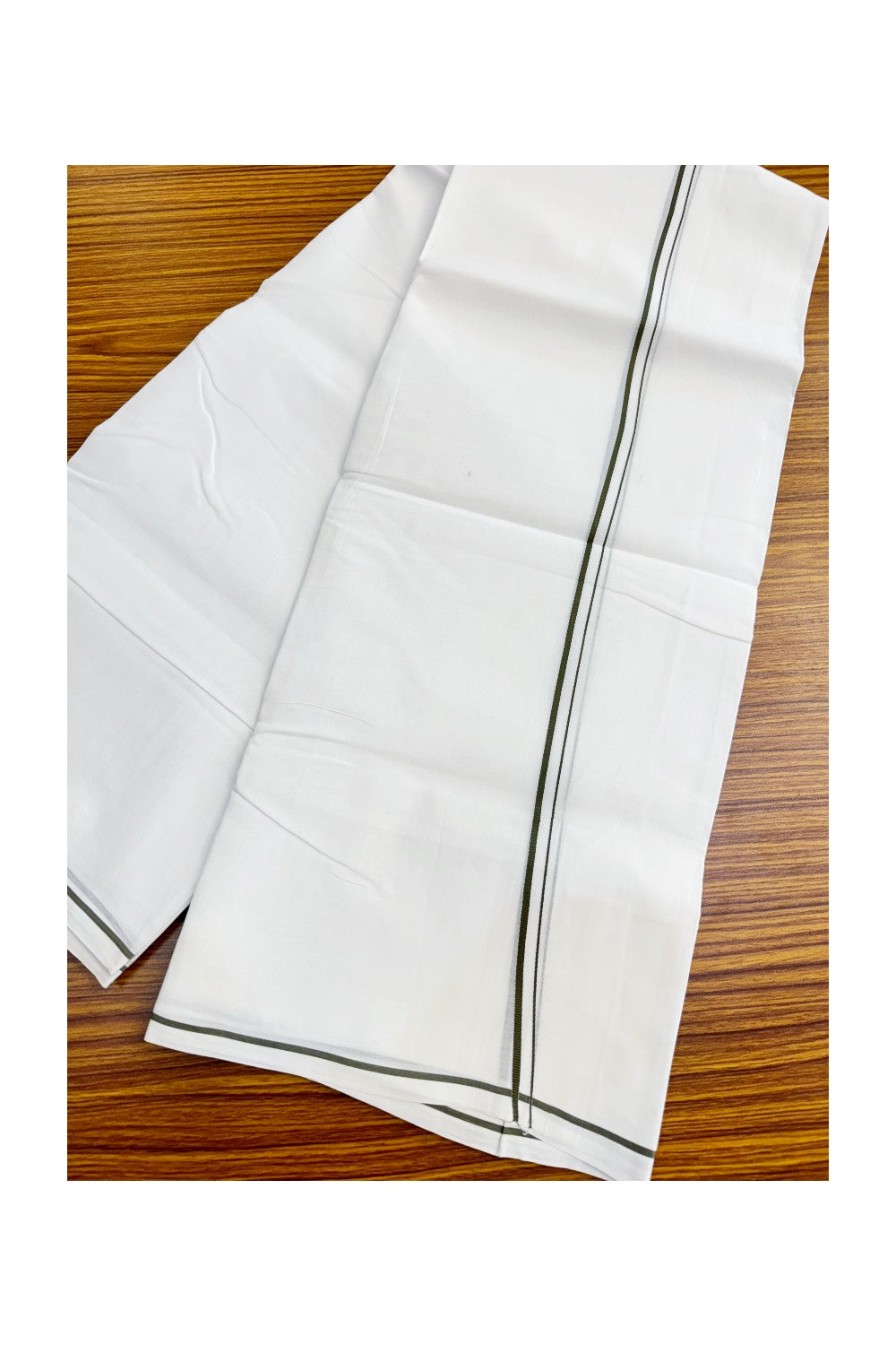 26% DISCOUNT! KaithariKada Balaramapuram 100% Cotton PURE WHITE Double Mundu/Dhoti-100x100  1 cm SAGE GREEN Kara-KK47ASH-15