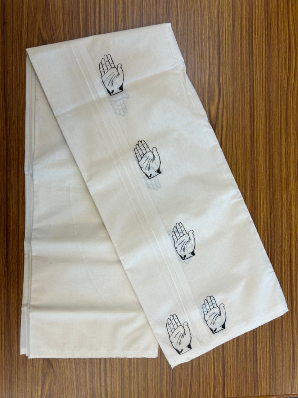 Congress Veshti - KaithariKada Balaramapuram 100% Cotton Double Off white - (Unbleached) Mundu/Dhoti-100x80 - 0.5 inch Hand Painted  Kaipathi Design Kara 4 mtr (8.5 muzham) - 20 KK5244 ASH