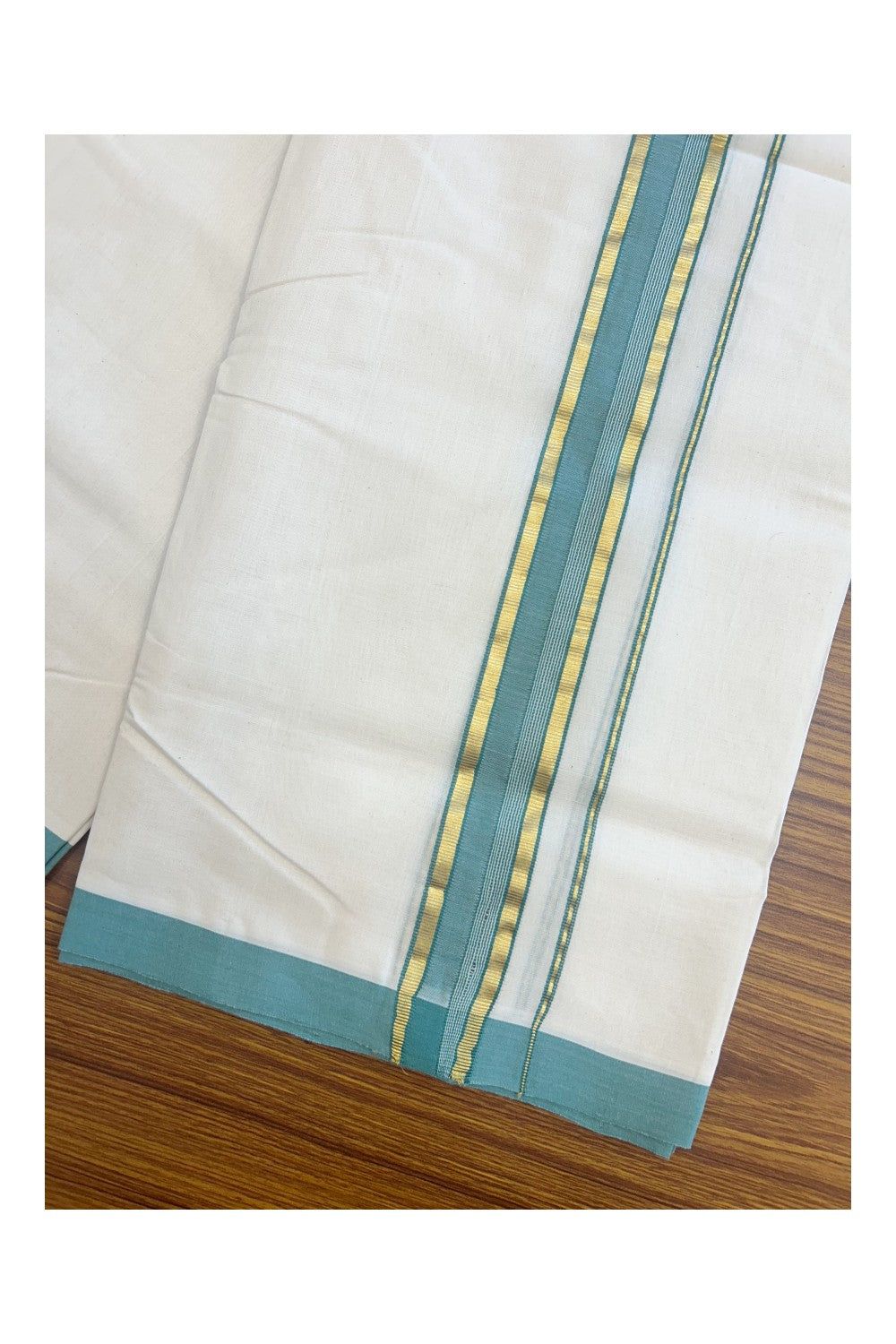 31% DISCOUNT!! KaithariKada HANDLOOM Millpaav Balaramapuram - 100% PURE Cotton OFF White Double - (Unbleached) Mundu/Dothi - 1.75 Inch Gold Kasav Green kara - 15kk5153RAM