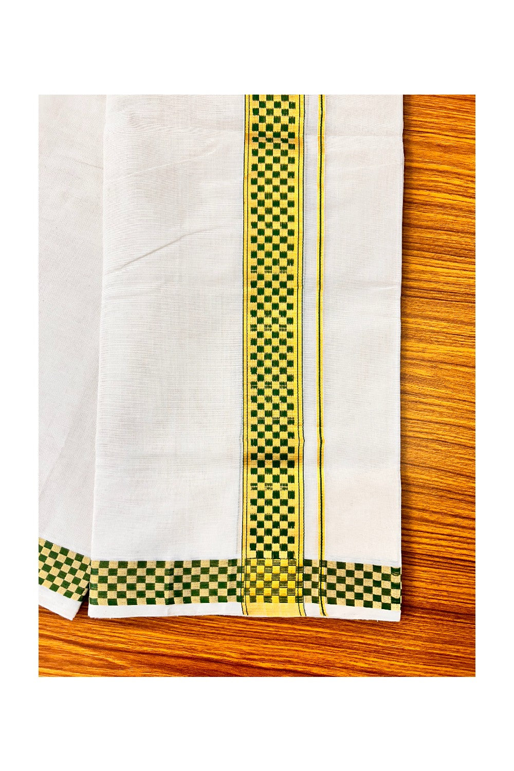 30% DISCOUNT ! KaithariKada HANDLOOM Unakkupaav Balaramapuram - 100% PURE Cotton 4.58 Meter Off White (Unbleached) Double Mundu/Dhoti - Green Check & KASAVU DESIGN 2.5 Inch  KARA- ABH15