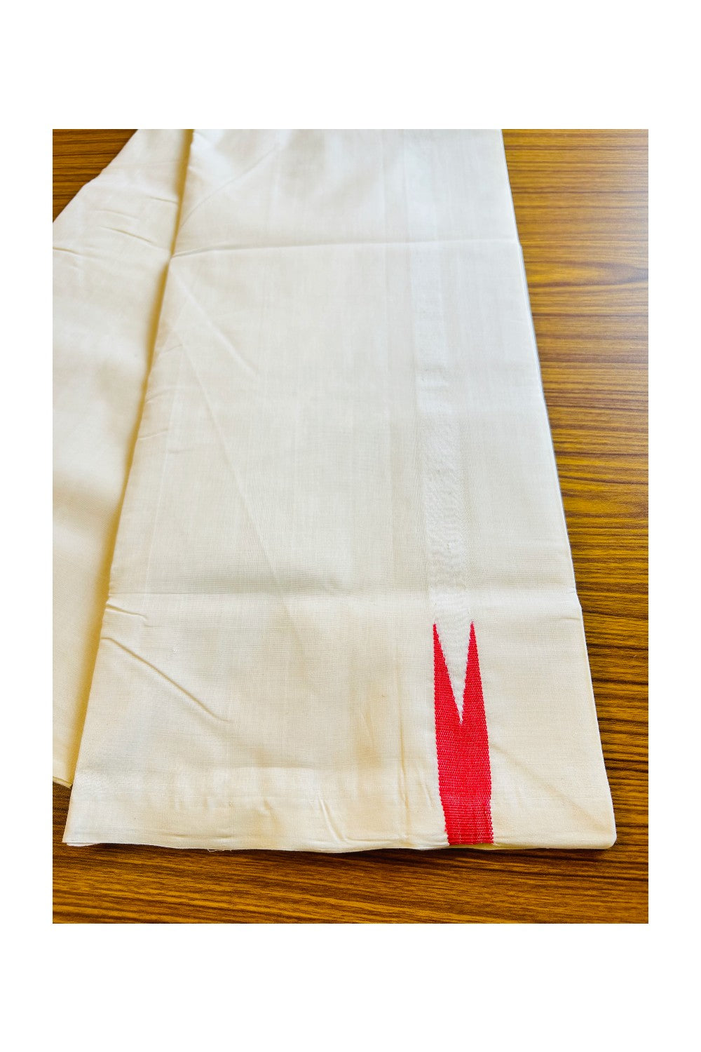 30% DISCOUNT! KaithariKada BALARAMAPURAM HANDLOOM Unakkupaav- 100% PURE Cotton 100x100 Double Mundu/Dhoti OFF WHITE (Unbleached) - PULIYILAKKARA Orange Red 0.75 inch Chutty KARA - 15KK403RAM