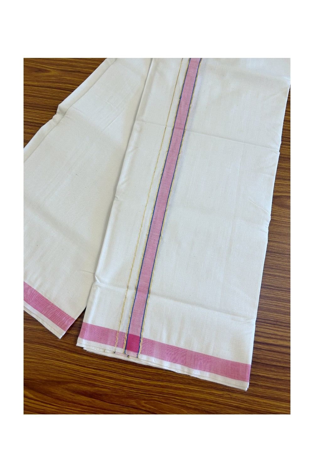 30% Discount KaithariKada 100% Cotton Balaramapuram HANDLOOM Single Mundu/Dhoti - Off White - (Unbleached) 1.25 inch Pink  & Blue Kasavu Kara (2 meter / 4 muzham)  - 15KK499KK