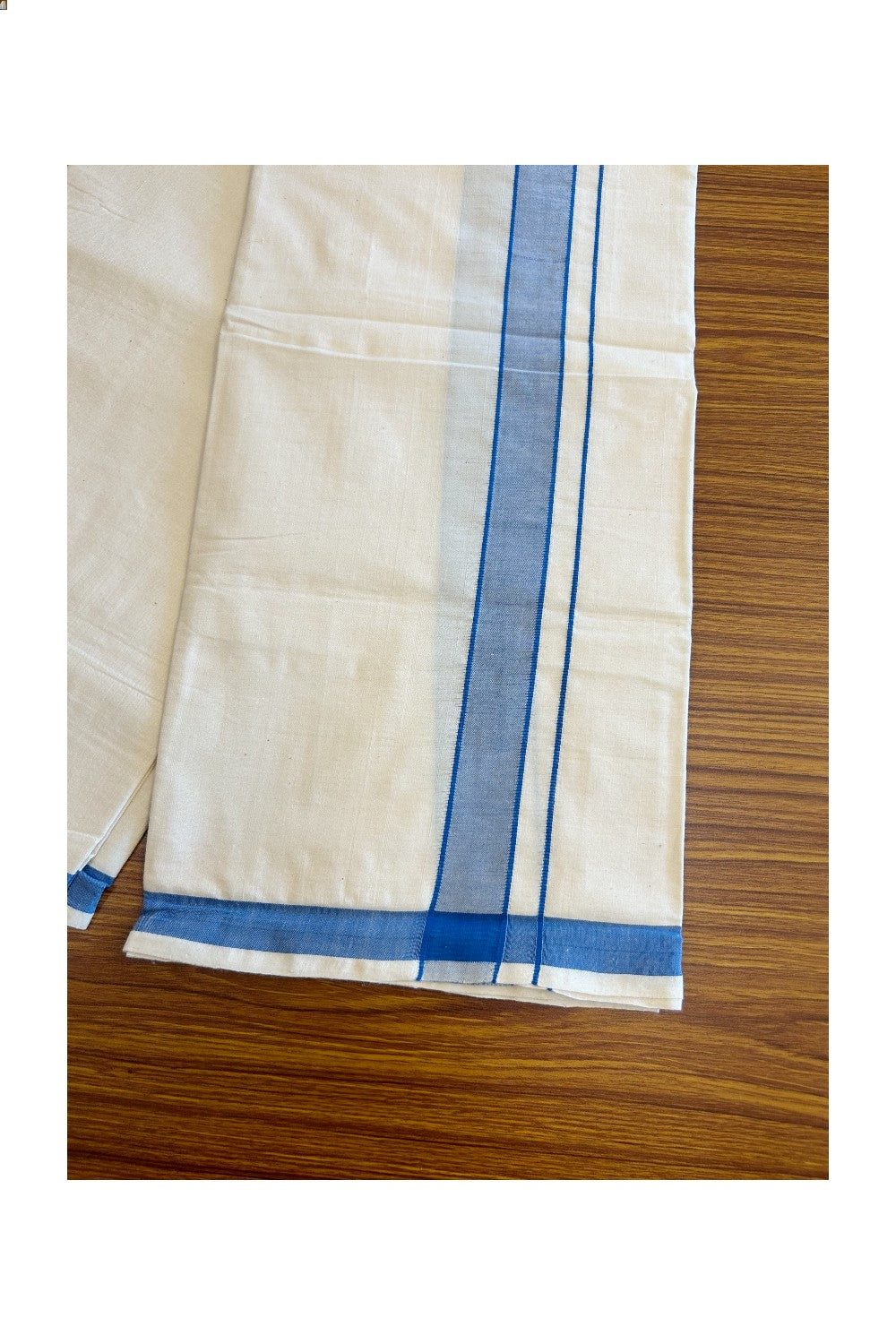 25% Discount!!! KaithariKada 100% Cotton Balaramapuram HANDLOOM off white (Unbleached) Single Mundu/Dhoti - 1.75 inch Blue Kara (2 meter / 4 muzham)  -5