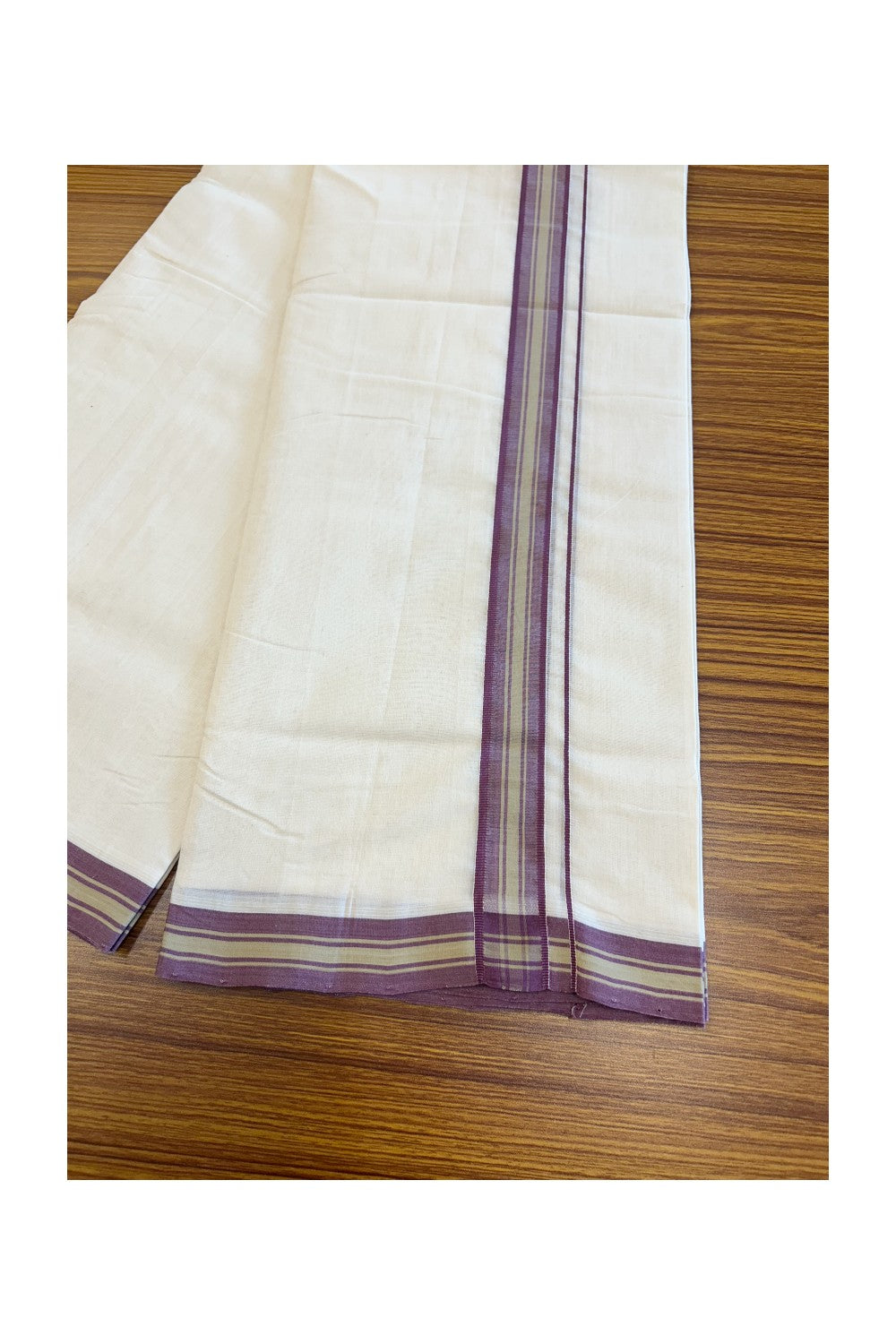 25% DISCOUNT!! KaithariKada HANDLOOM UNAKKUPAAV Balaramapuram - 100% PURE Cotton OFF White Double - (Unbleached) Mundu/Dothi - 1.5 inch Plum Violet & Sage Green Stripes Kara 3.82 meters - 15KK5049REA