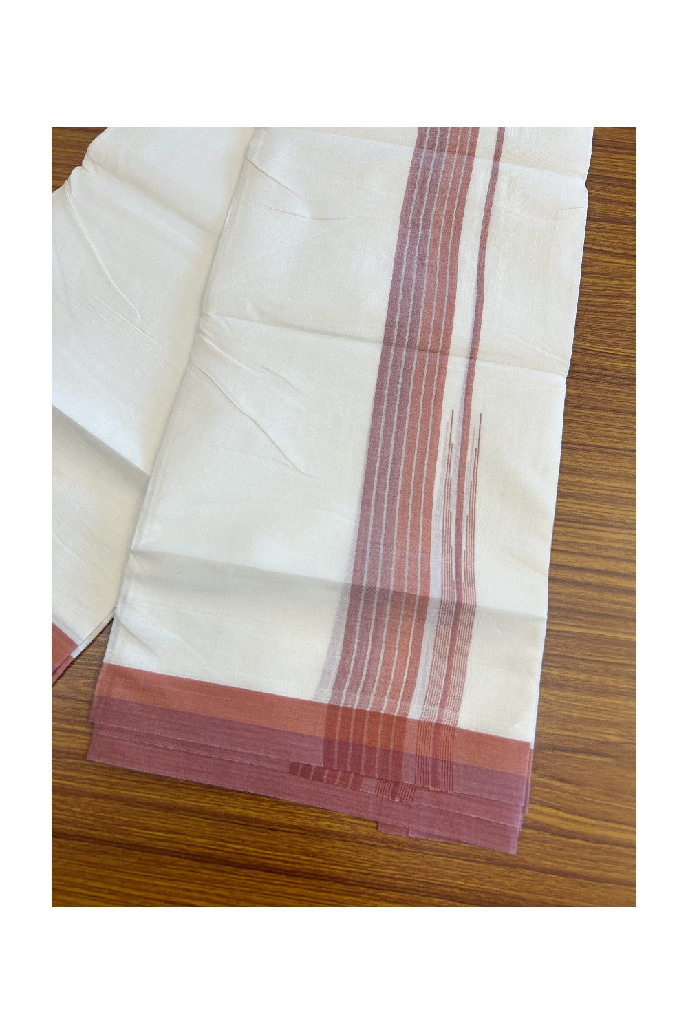 19% Discount!!! KaithariKada Balaramapuram  Double Off white - (Unbleached) Mundu/Dhoti - 80X90 - 2.25 inch Orange &Light Maroon Silver Striped puliyilakkara chutty Striped Kara 3.85 meters (8 Muzham) -15KK5058GUN