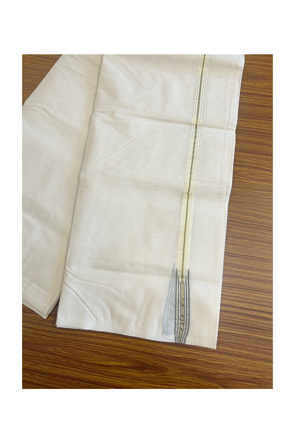 22% Discount! KaithariKada Balaramapuram 100% Cotton Double - (Unbleached) Mundu/Dhoti-100x100 Chutty ASH GREY White & Golden Kasavu 1.5 cm Kara- 1