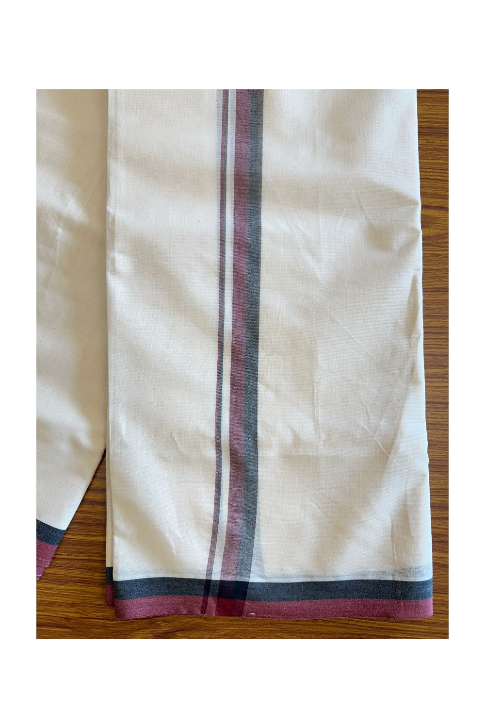 DMK Veshti - 19% DISCOUNT! KaithariKada 100% Cotton off white Double - (Unbleached) Mundu/Dhoti - 100X100 - 1.25 inch Black & Maroon shaded kara 3.84 meter - 14KK5120ASH