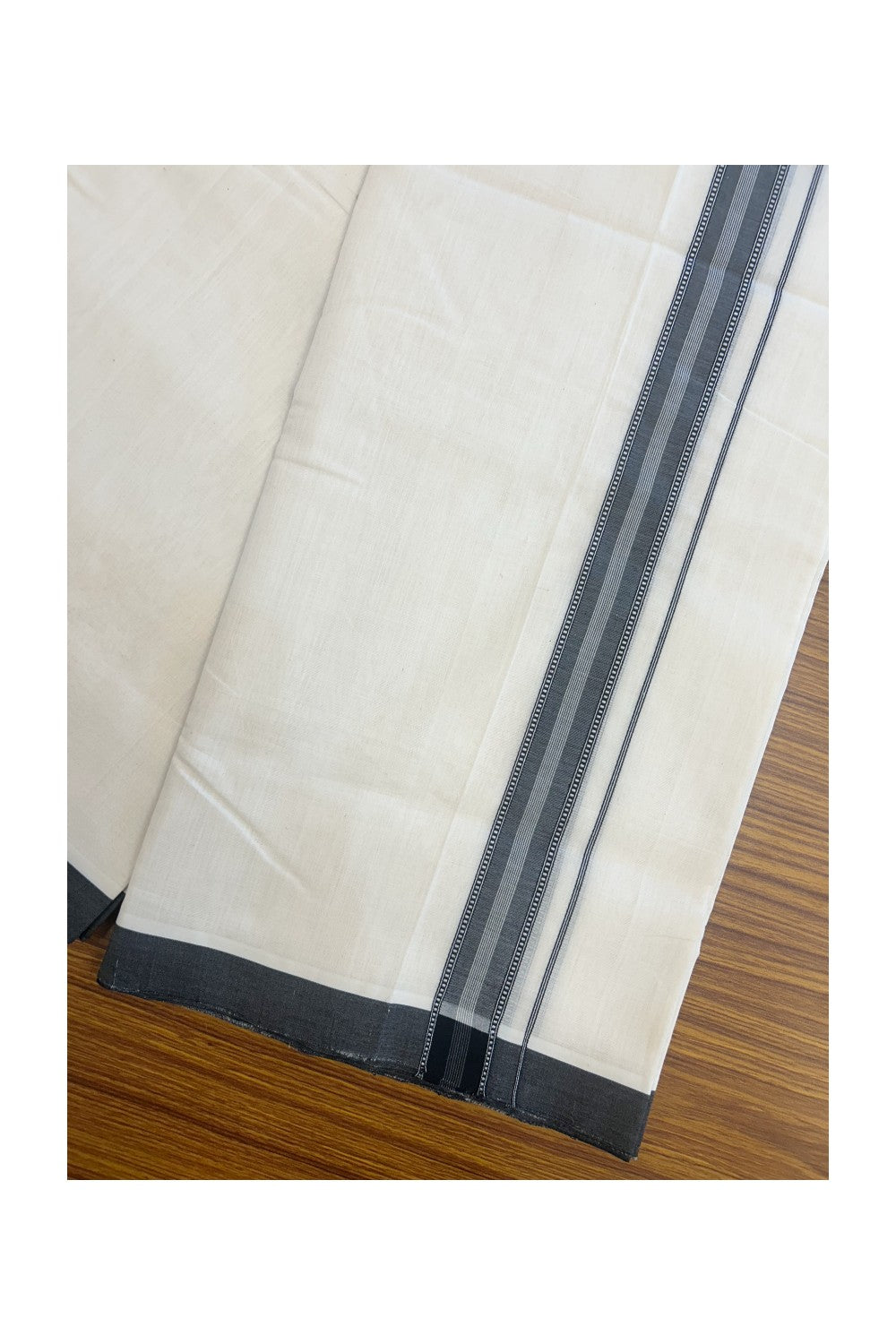 25% DISCOUNT!! KaithariKada HANDLOOM  UNAKKUPAAV Balaramapuram - 100% PURE Cotton OFF White - (Unbleached) Double Mundu/Dothi - 100x100 - 1.25 inch Black & White Pattern stripes kara - 19KK5167REA