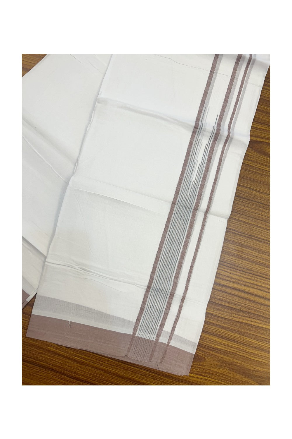 20% DISCOUNT! KaithariKada Balaramapuram DOUBLE PURE WHITE 100% Cotton Mundu/Dhoti - 100x80 - 1.5 inch Pastel Brown Putta Design Chutty Kara - 15KK5174THI