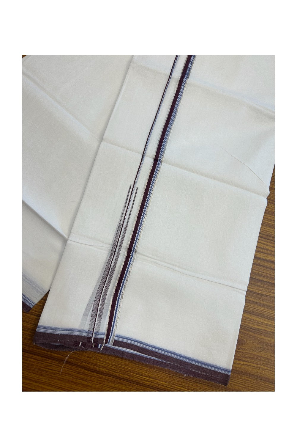 20% Discount !! Kaitharikada Balaramapuram 100% Cotton PURE WHITE DOUBLE Mundu/Dothi- 100X80 Thread - 0.5 inch - Silver Kasavu Purple & Blue Design Chutty Kara - 15KK5184RAMS