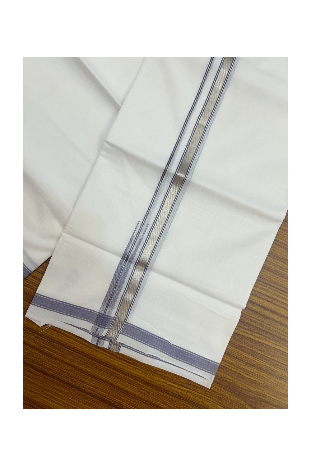 20% Discount !! Kaitharikada Balaramapuram 100% Cotton PURE WHITE Double Mundu/Dothi - 100x80 - 0.5 inch Silver Kasavu & Ash Blue Chutty Kara - 15KK5191CKS