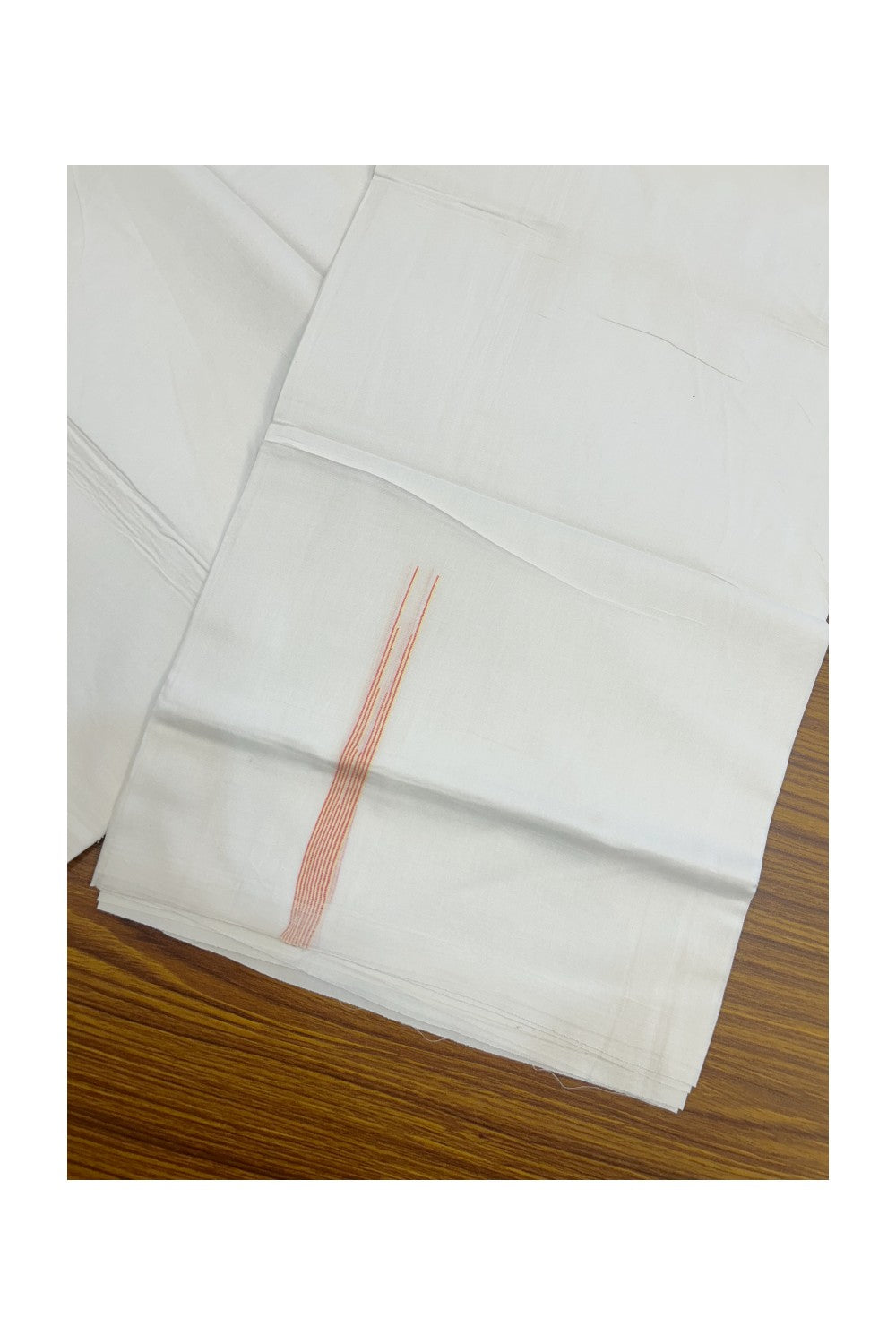 20% DISCOUNT!! NEW!! KaithariKada Balaramapuram 100% Cotton PURE WHITE Double Mundu/Dhoti - (100x80)s - 0.5 inch Pinkish Peach & Yellow Shaded Puliyilakkara chutty - 15KK5210CKS