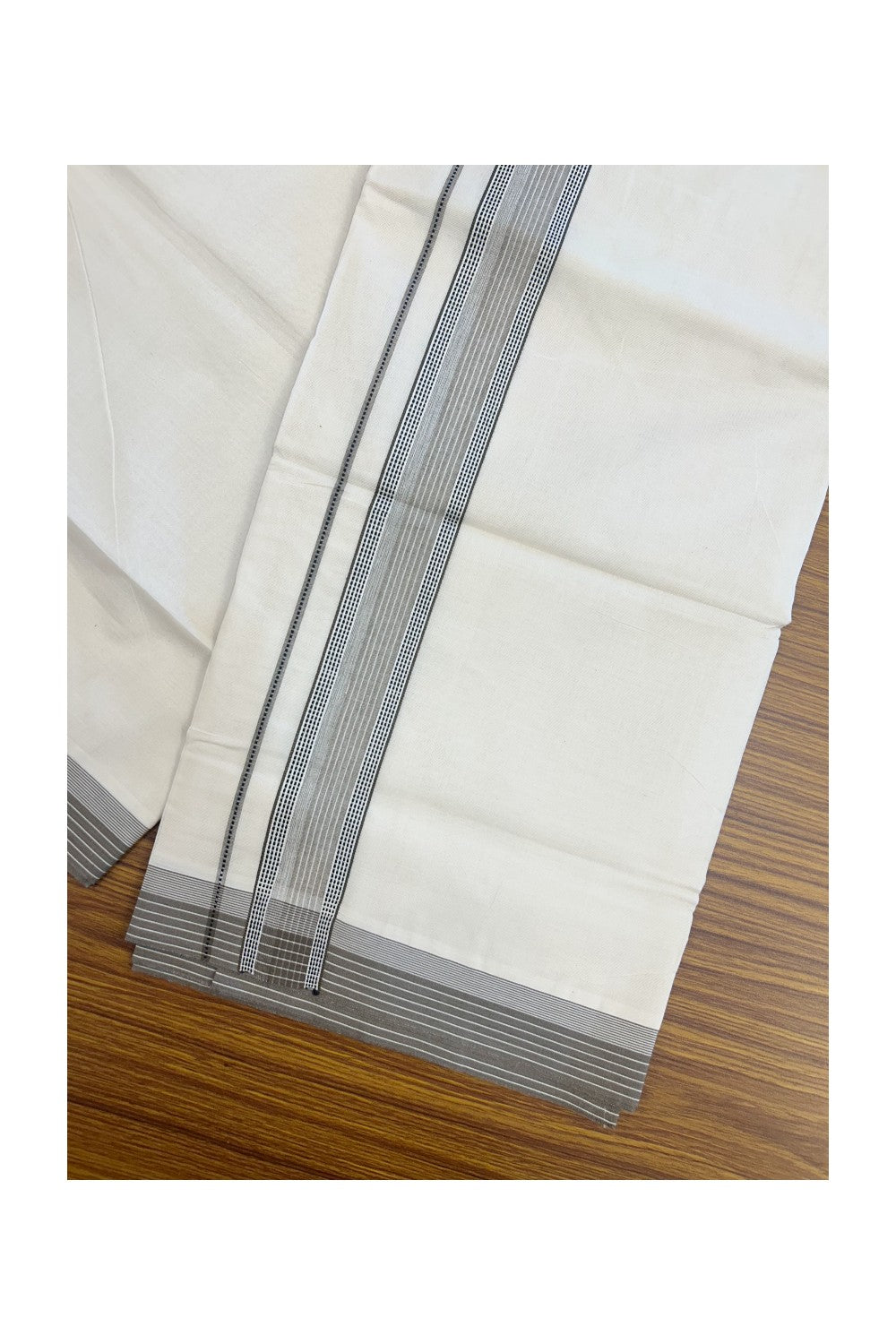 20% DISCOUNT ! KaithariKada Balaramapuram 100%  Cotton OFF WHITE (Unbleached) Double  Mundu/Dhoti - 100X80 - 1.5 inch Brown & Black Stripes & Shaded Designer Kara - 15KK5213 VIN