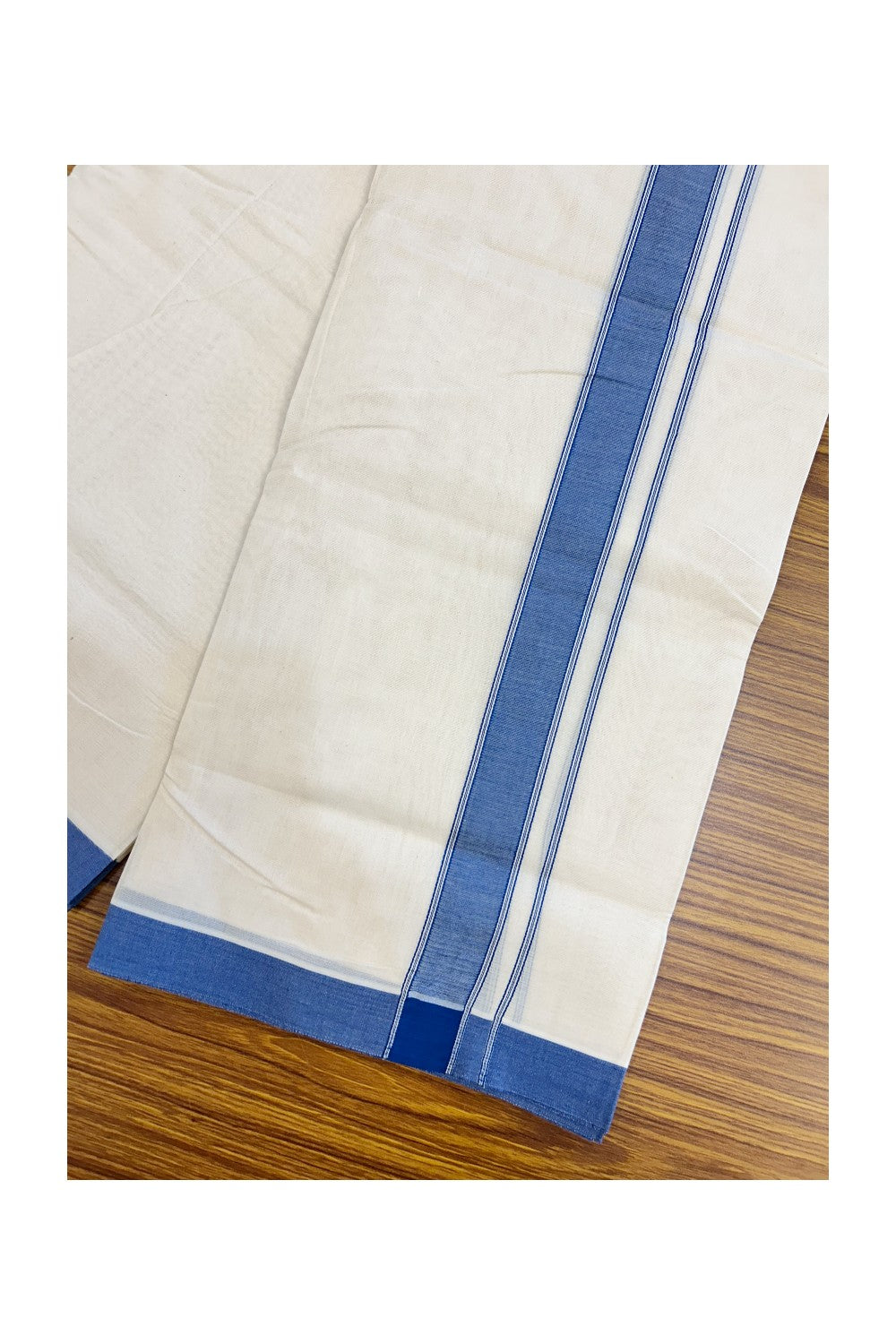 NEW !! 20% DISCOUNT!! KaithariKada Balaramapuram 100% Cotton Double Off white - (Unbleached) Mundu/Dhoti-100x80 - 1.25 inch Blue Shaded Striped KARA - 3.75 mtr (8 Muzham) - 15KK5218 ASH