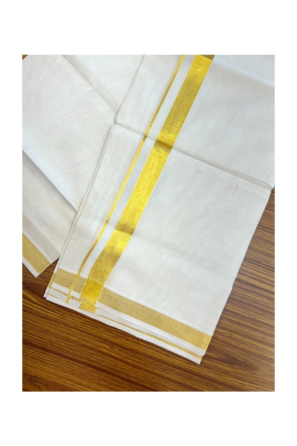 20% DISCOUNT! Kaitharikada Balaramapuram 100% Cotton OFF WHITE Double Mundu/Dothi  - 100x90- 1 Inch Gold Kasav Kara - 15KK5219 GAN