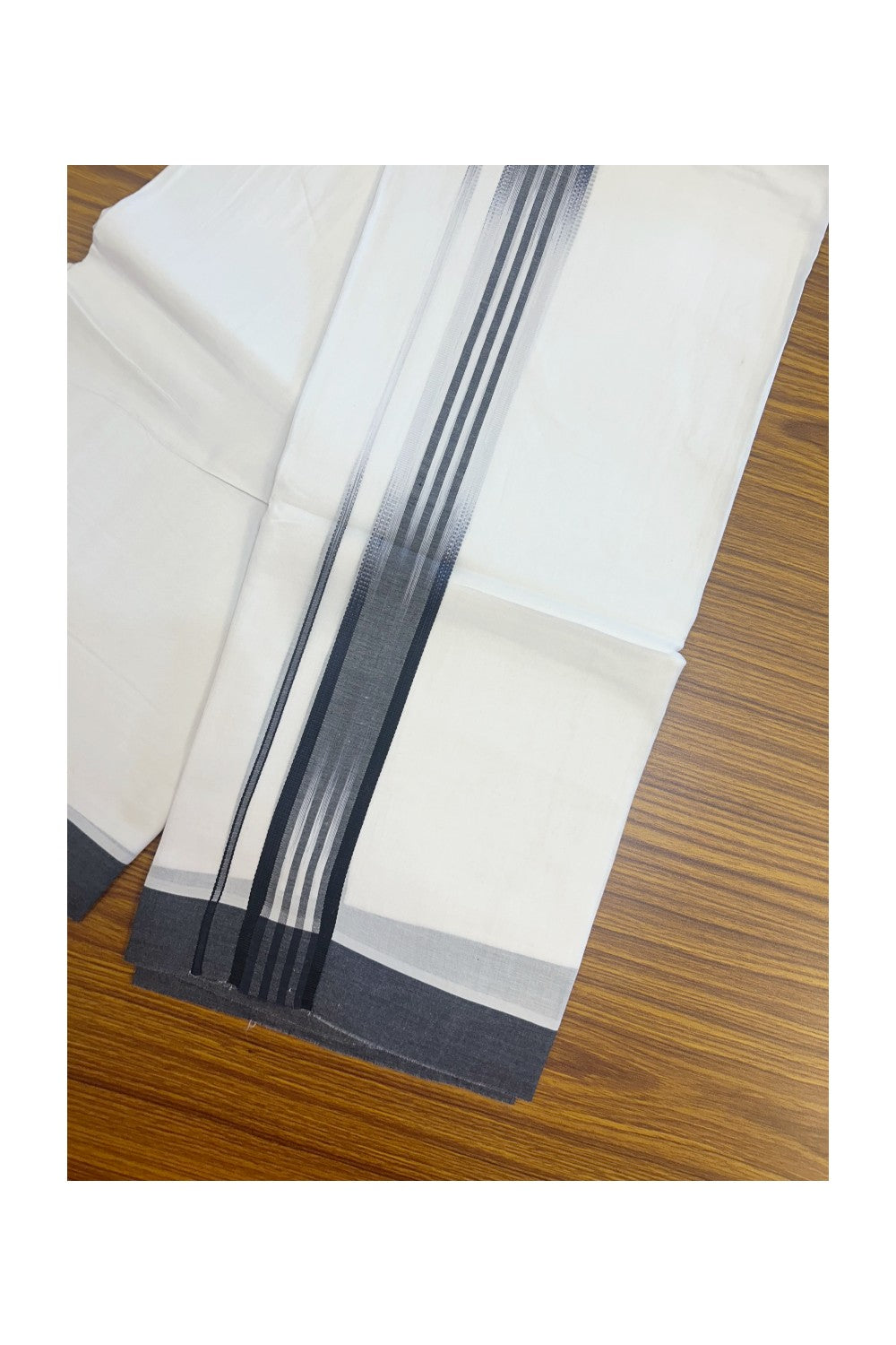 20% Discount!!! KaithariKada Balaramapuram  Double PURE WHITE RAINBOW  Mundu/Dhoti - 100X80 - 1.25 inch Black Striped Designer Kara - 15KK5220 THI