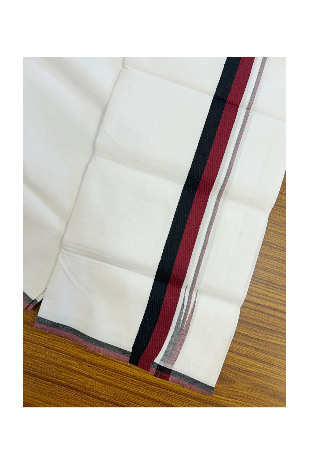 DMK Veshti - 20% Discount !! KaithariKada Balaramapuram PURE WHITE SINGLE Mundu/Dhoti - 100X100 - Puliyilakkara 1.5 inch Maroon & Black Stripes Chutty Kara (2 meter / 4 muzham) - 14KK5224 ASH