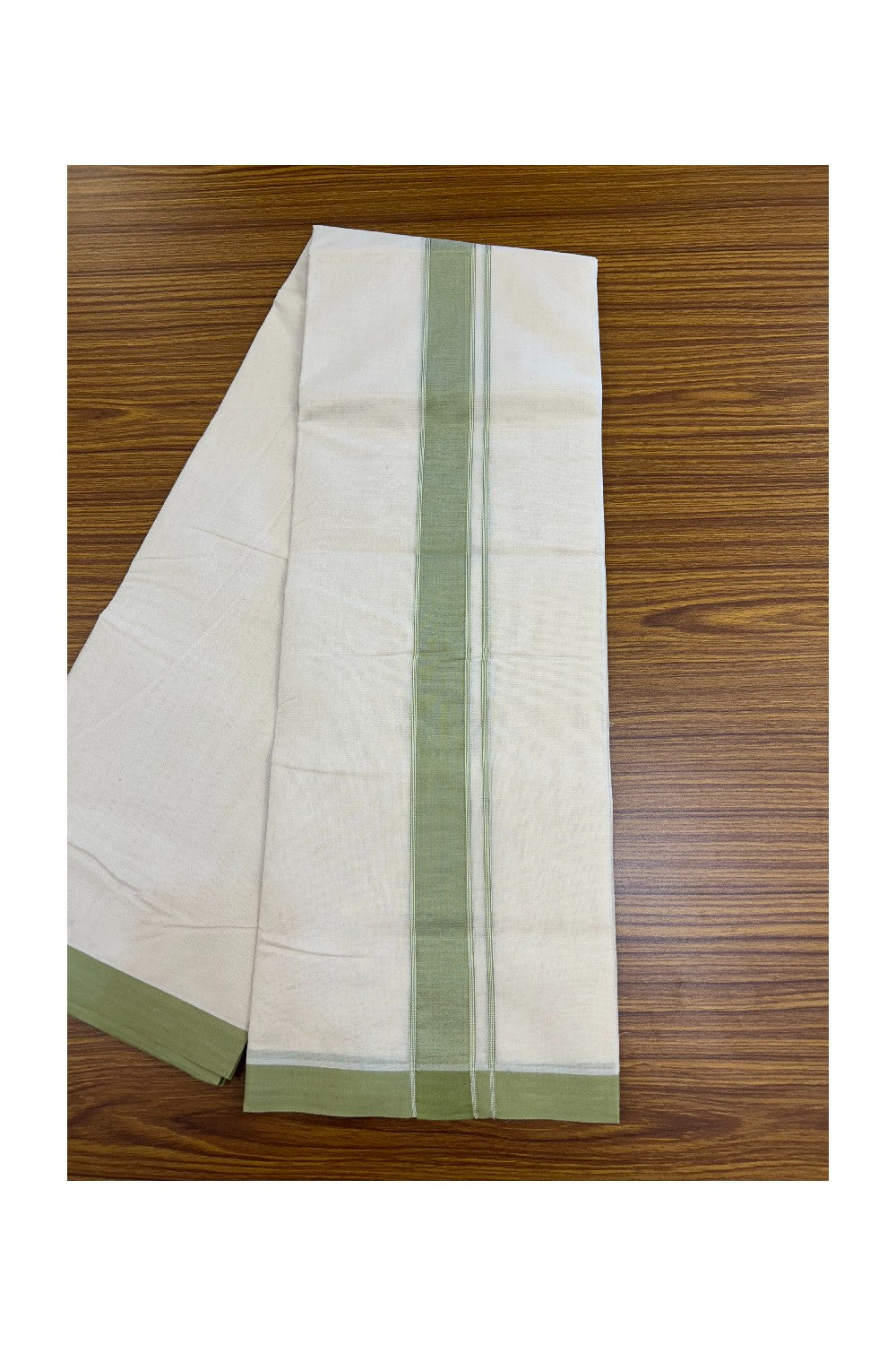 NEW !! 20% DISCOUNT!! KaithariKada Balaramapuram 100% Cotton Double Off white - (Unbleached) Mundu/Dhoti-100x80 - 1.5 inch Sage Green Striped KARA - 3.75 mtr (8 Muzham) - 15KK5226 ASH