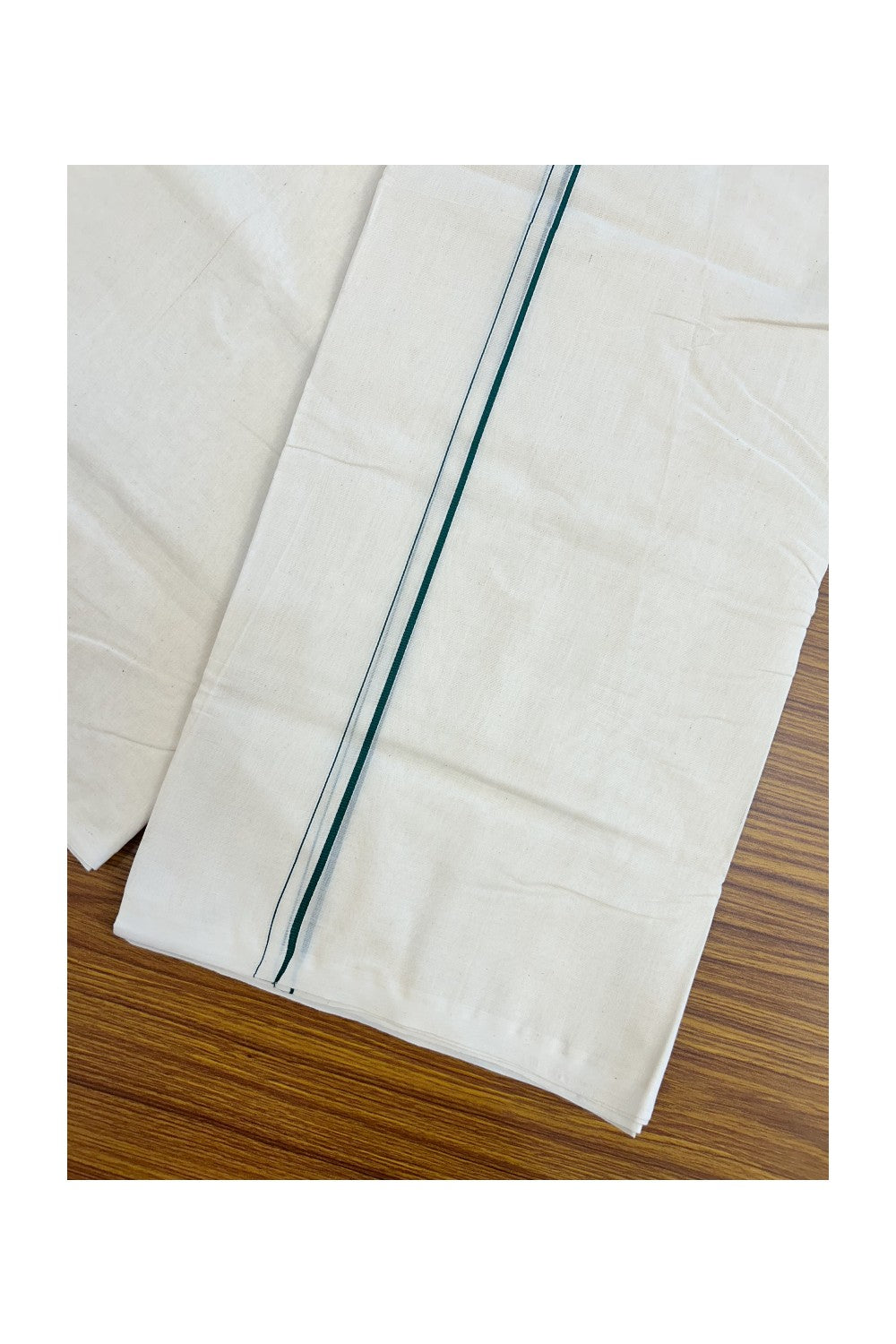 25% DISCOUNT! KaithariKada HANDLOOM Millpaav Balaramapuram - 100% PURE Cotton OFF WHITE (Unbleached) Double Mundu/Dhoti - 80X90 - 0.5 cm Dark Green Kara 4 mtr (8.5 muzham) - 15KK5234 RAM