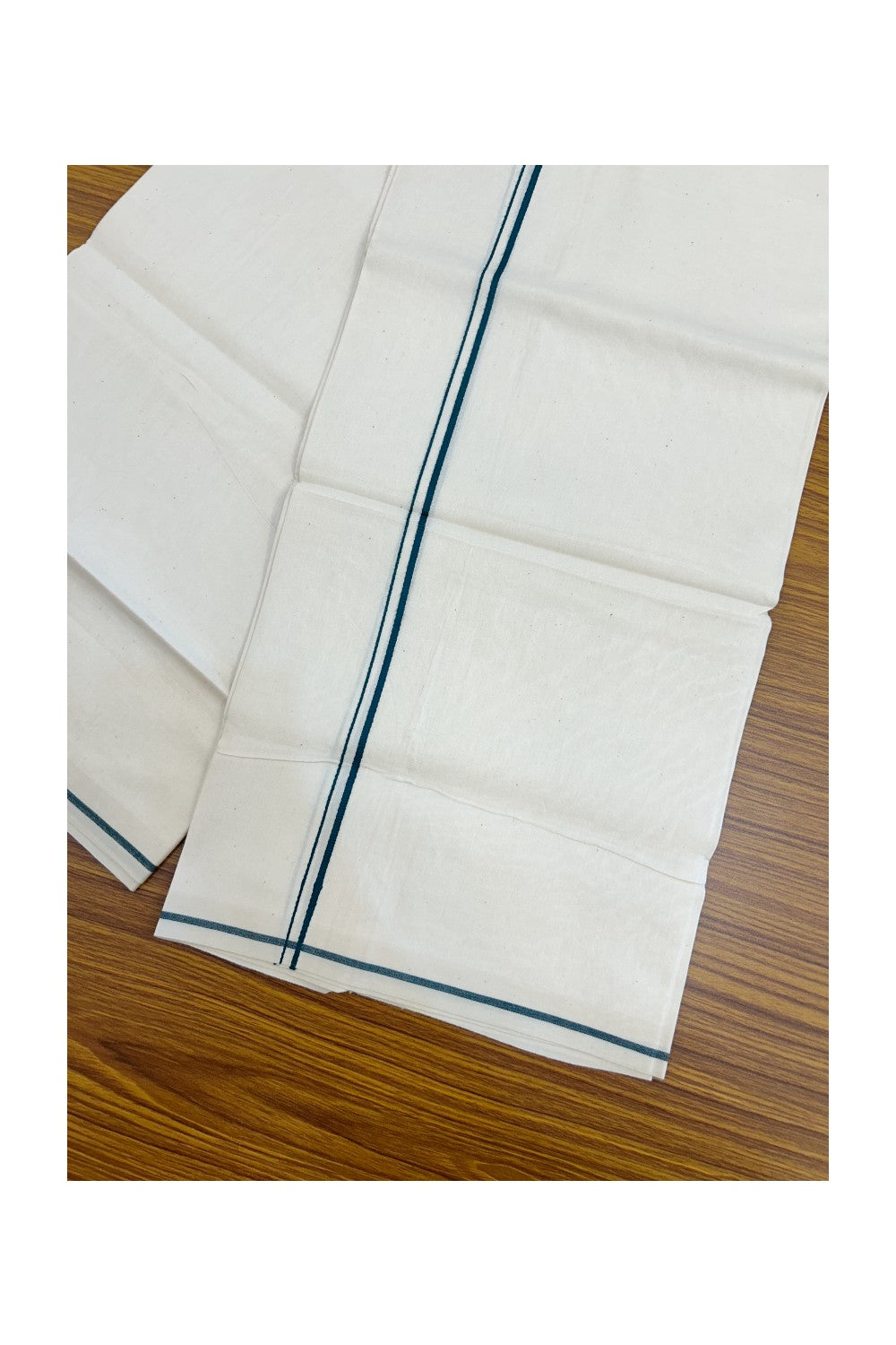 24% Discount !! KaithariKada Balaramapuram 100% Cotton Off White (Unbleached) Single Mundu/Dhoti - Twisted 60s Thread - 0.5 cm Dark Green Kara (2 meter / 4 muzham) - 14KK5236 GL