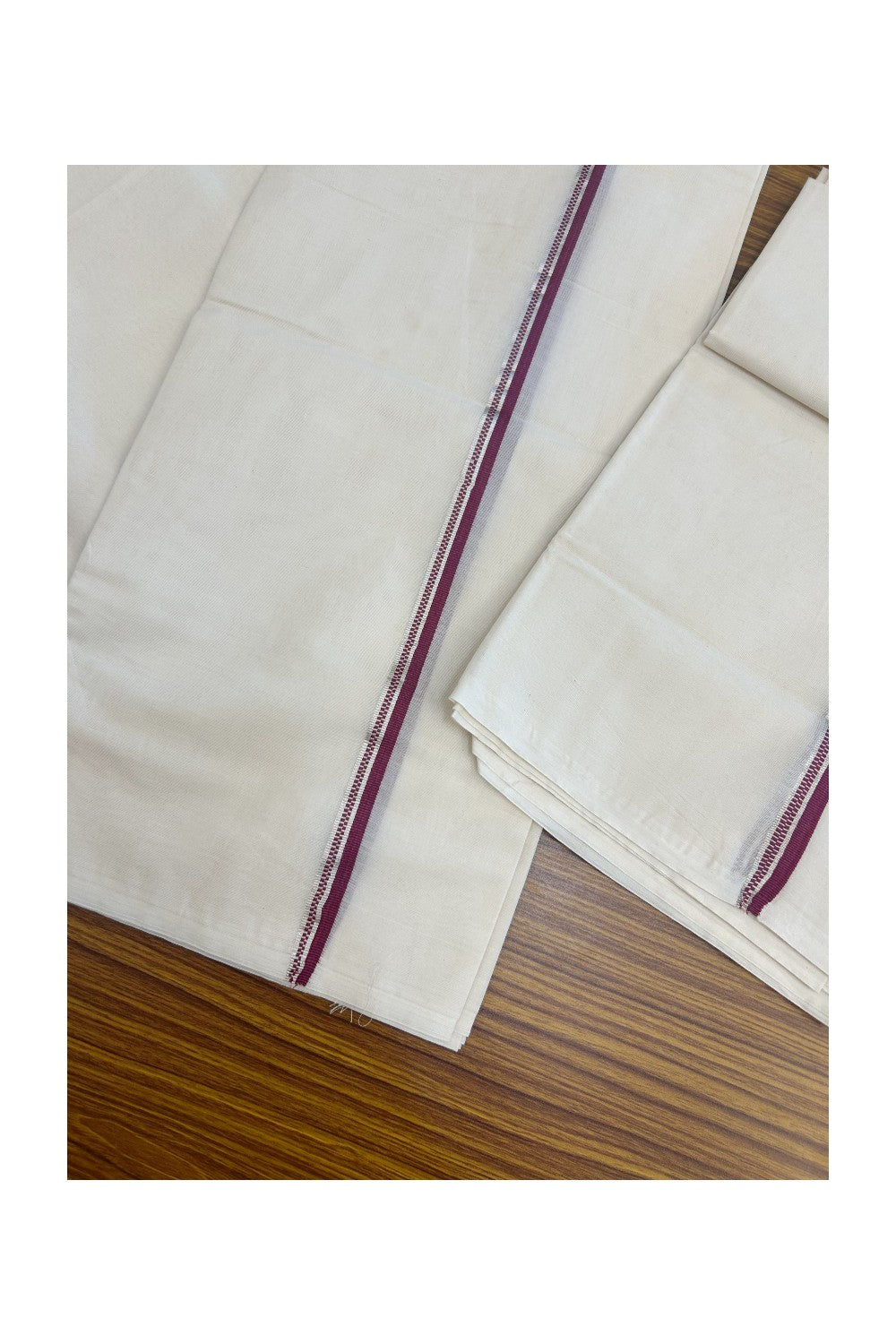 20% Discount!! KaithariKada Balaramapuram - 100% PURE Cotton Off White  (Unbleached) Mundu/Dhoti & Neriyath set - 1.5 cm Silver Kasavu & Dark Magenta Design Kara - 16KK5238 ASH
